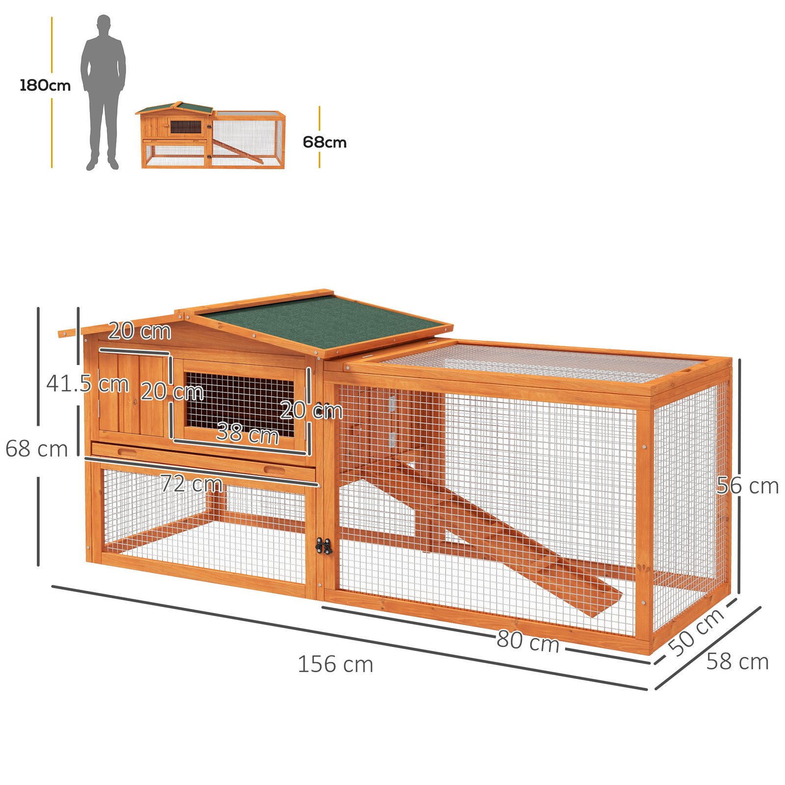 Rabbit Hutch with Run Wooden Guinea Pig Hutch Outdoor Bunny Cage Hide House with Sliding Tray, Hay Rack, Ramp, 156 x 58 x 68cm, Orange - Image 3