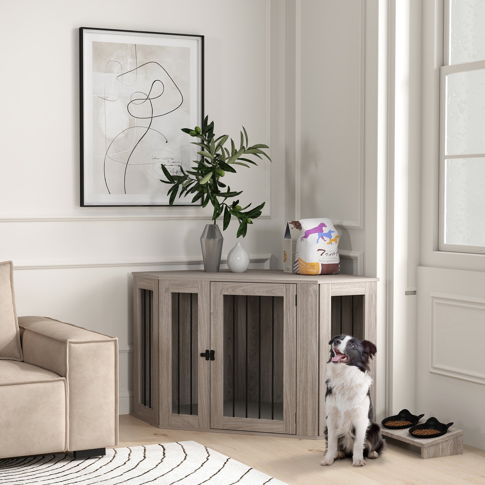 Dog Crate Furniture Side Table, with Cushion, 122 x 61 x 71cm - Walnut Brown - Image 9