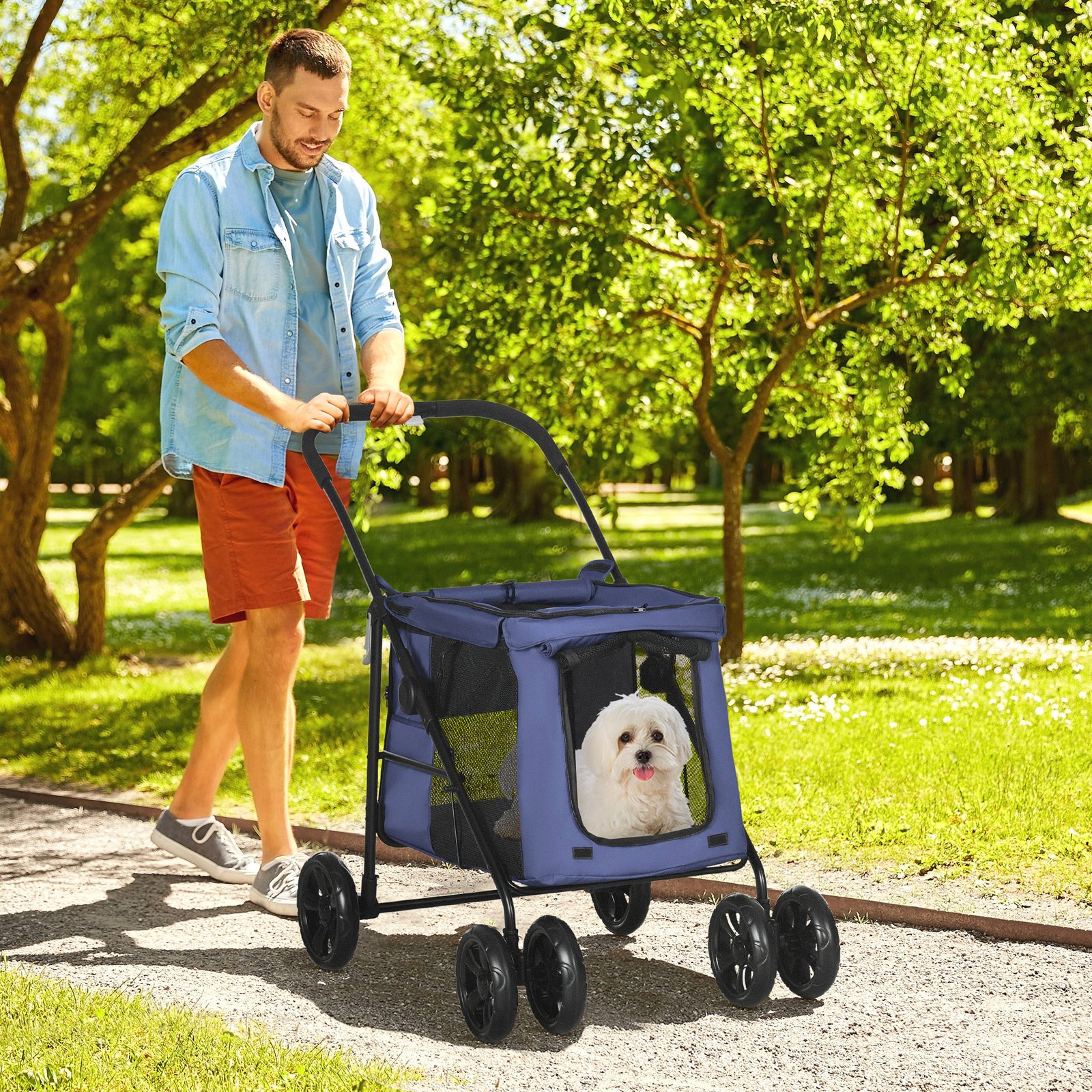 Dog Pram Dog Stroller 4 Wheels Pet Pushchair with Rolling Door, Cushion, Safety Leashes, for Small and Medium Breeds, Dark Blue