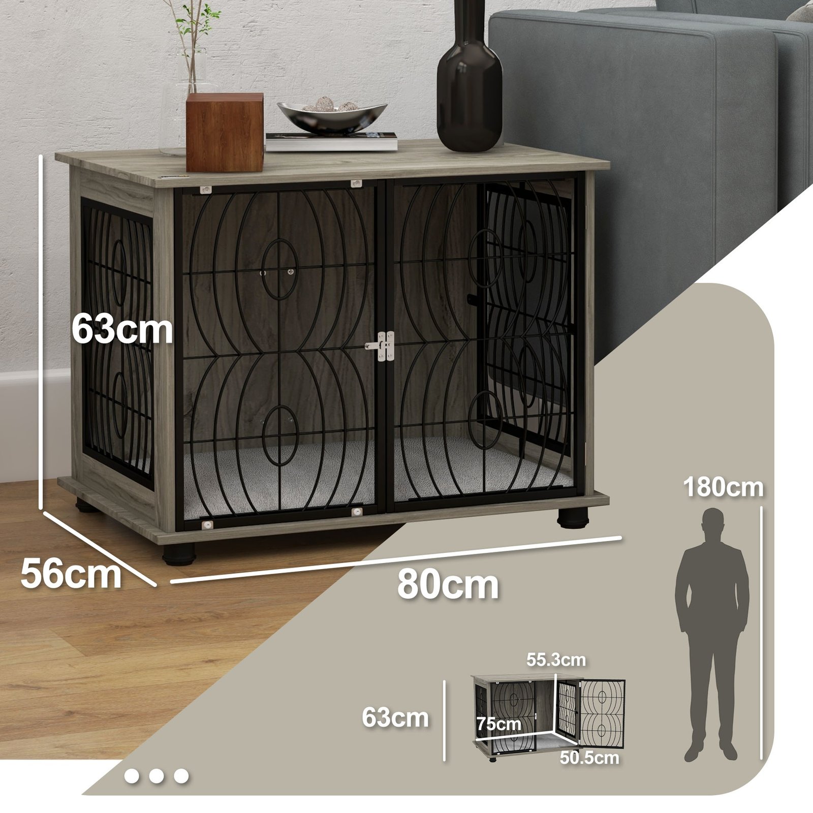 Indoor Dog Crate Furniture End Table w/ Plush Washable Cushion, Lockable Door, for Medium Dogs