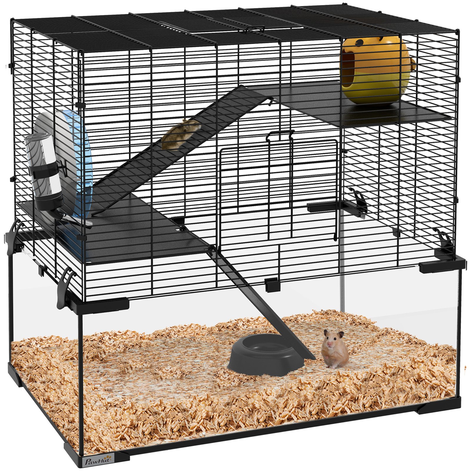 3 Tiers Hamster Cage, Gerbil Cage with Deep Glass Bottom, Non-Slip Ramps, Platforms, Exercise Wheels, Water Bottle, Dish, for Syrian Hamster, Dwarf Hamster, 60 x 40 x 54.5cm