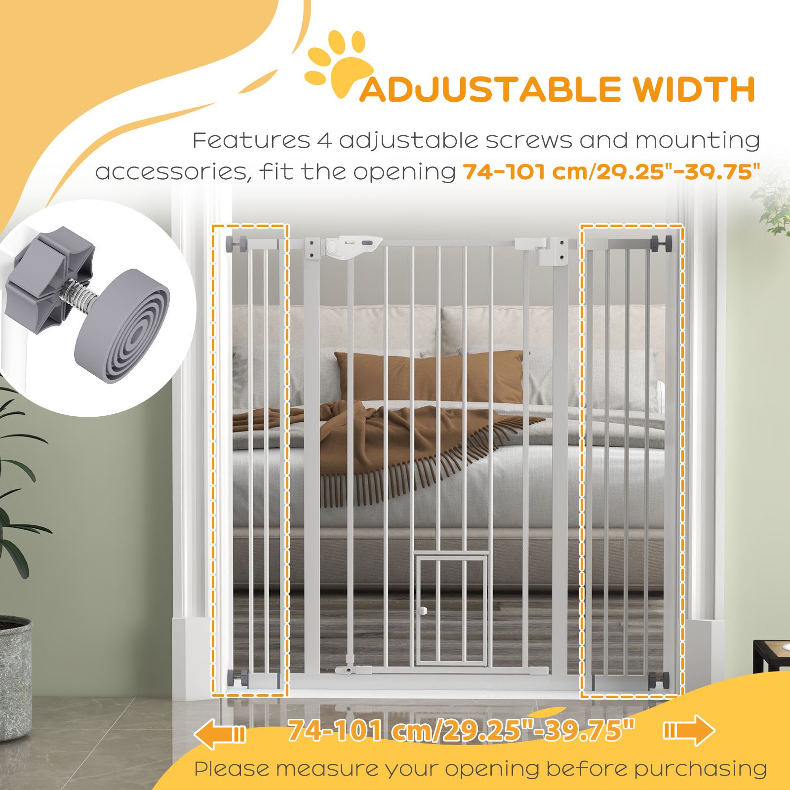 Extra Tall Pet Gate, Indoor Dog Safety Gate, with Cat Flap, Auto Close, 74-101cm Wide - White - Image 6