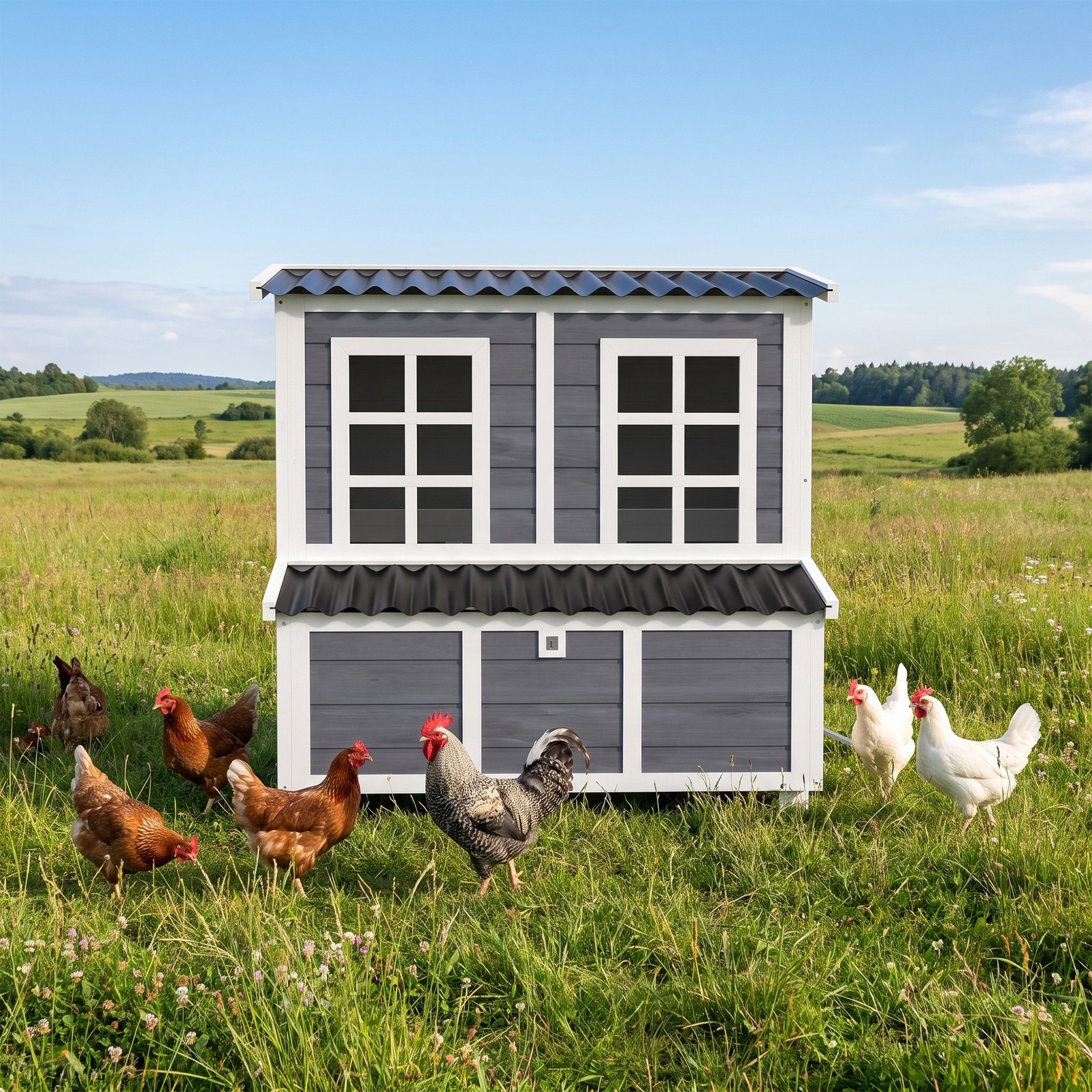 Wooden Chicken Coop with Nesting Box, Slide-Out Tray, Perches, for 2-4 Chickens, 100 x 86 x 100cm