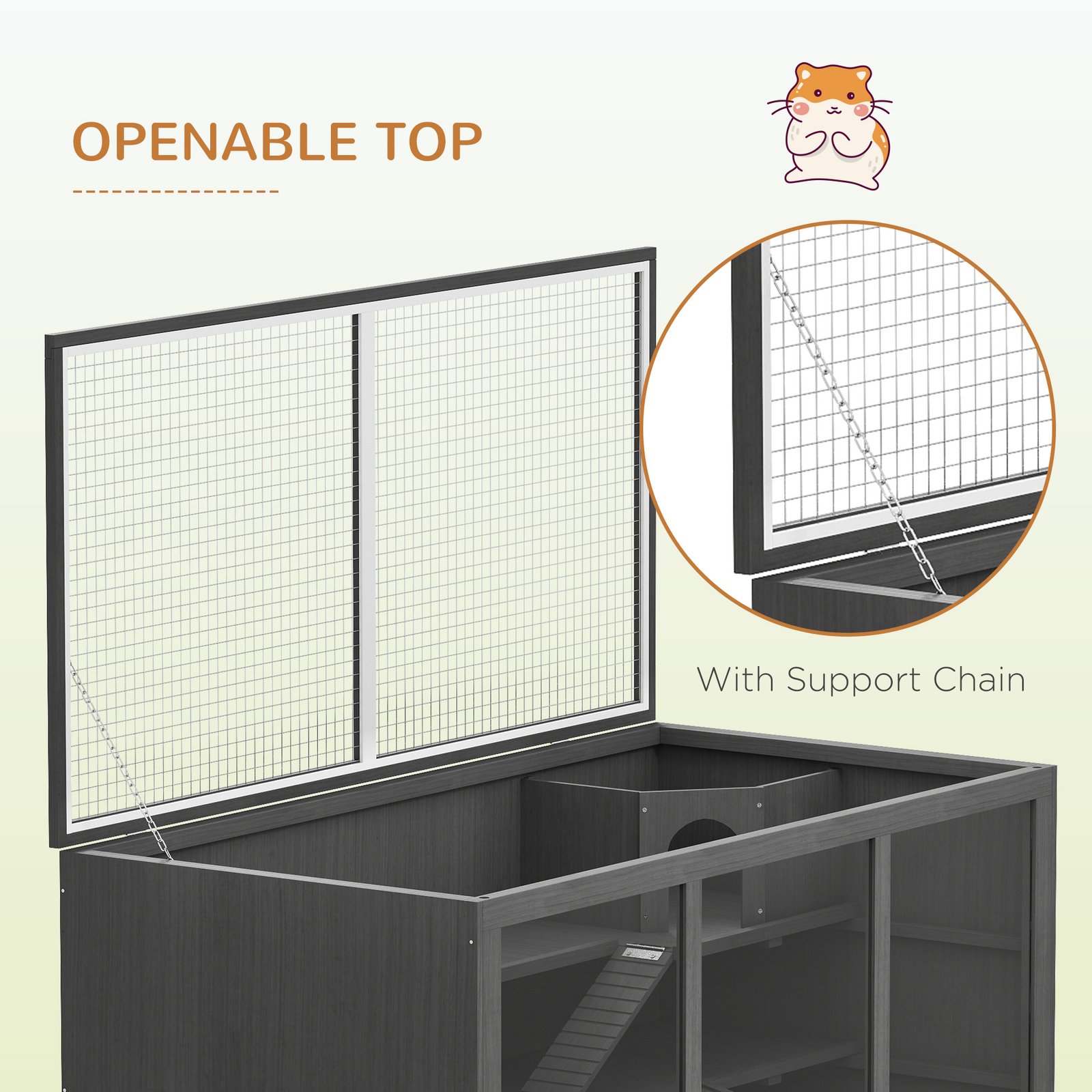 Wooden Hamster Cage, Small Animals Hutch with Tray, Openable Top, Exercise Play House Pen, 115L x 57W x 55Hcm, Grey - Image 6