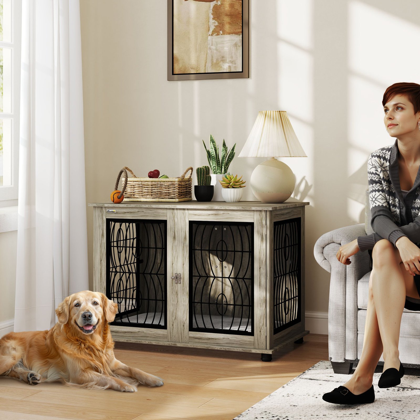 Indoor Dog Crate Furniture End Table with Soft Washable Cushion, Lockable Front Door, for Large Dogs - Grey