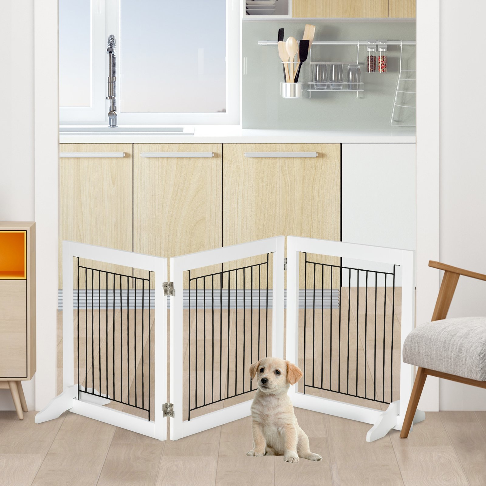 Foldable Pet Gate, with Three Panels & Two Support Feet - White - Image 9