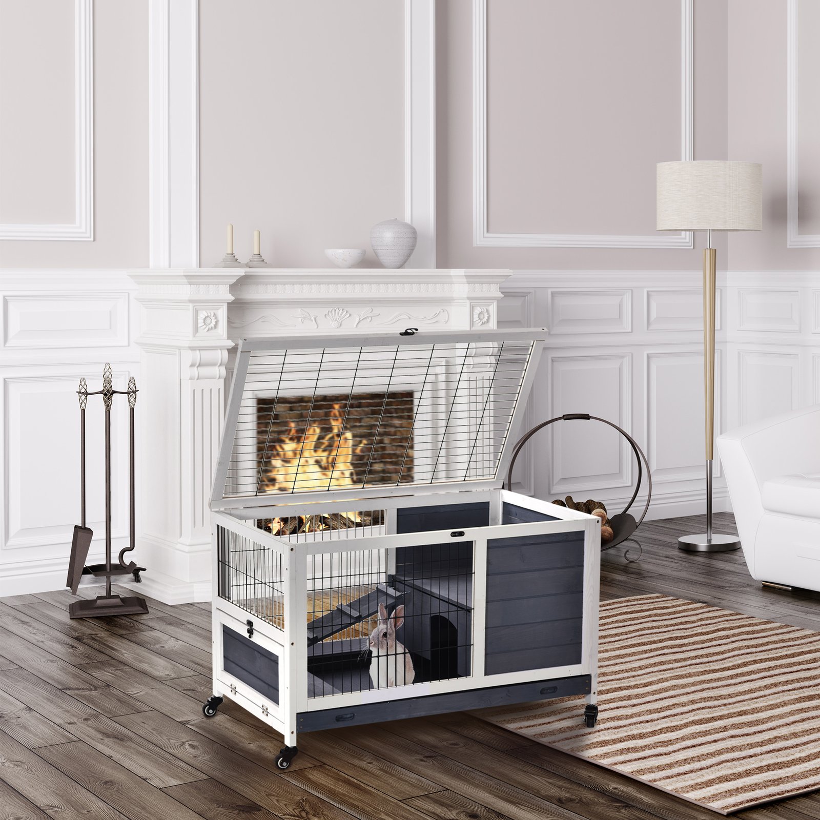 Wooden Guinea Pig Hutch, 2-Floor Bunny Cage w/ Enclosed Run Area, Grey - Image 9