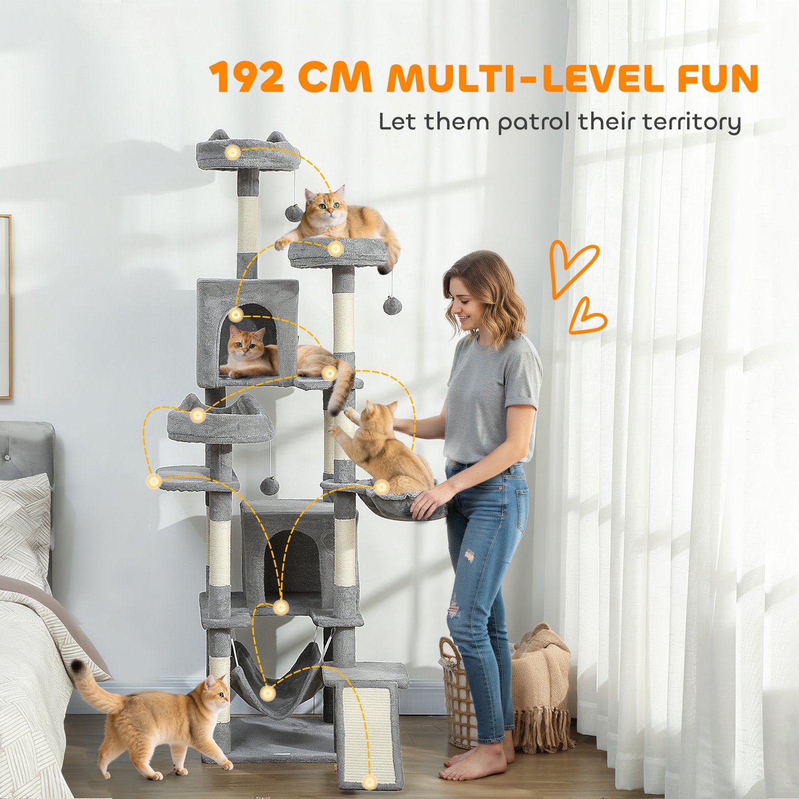 Cat Tree, 192 cm Large Multi-Level Cat Tower for Indoor Kittens with 8 Scratching Posts, 3 Plush Beds, 2 Hammocks - Image 4
