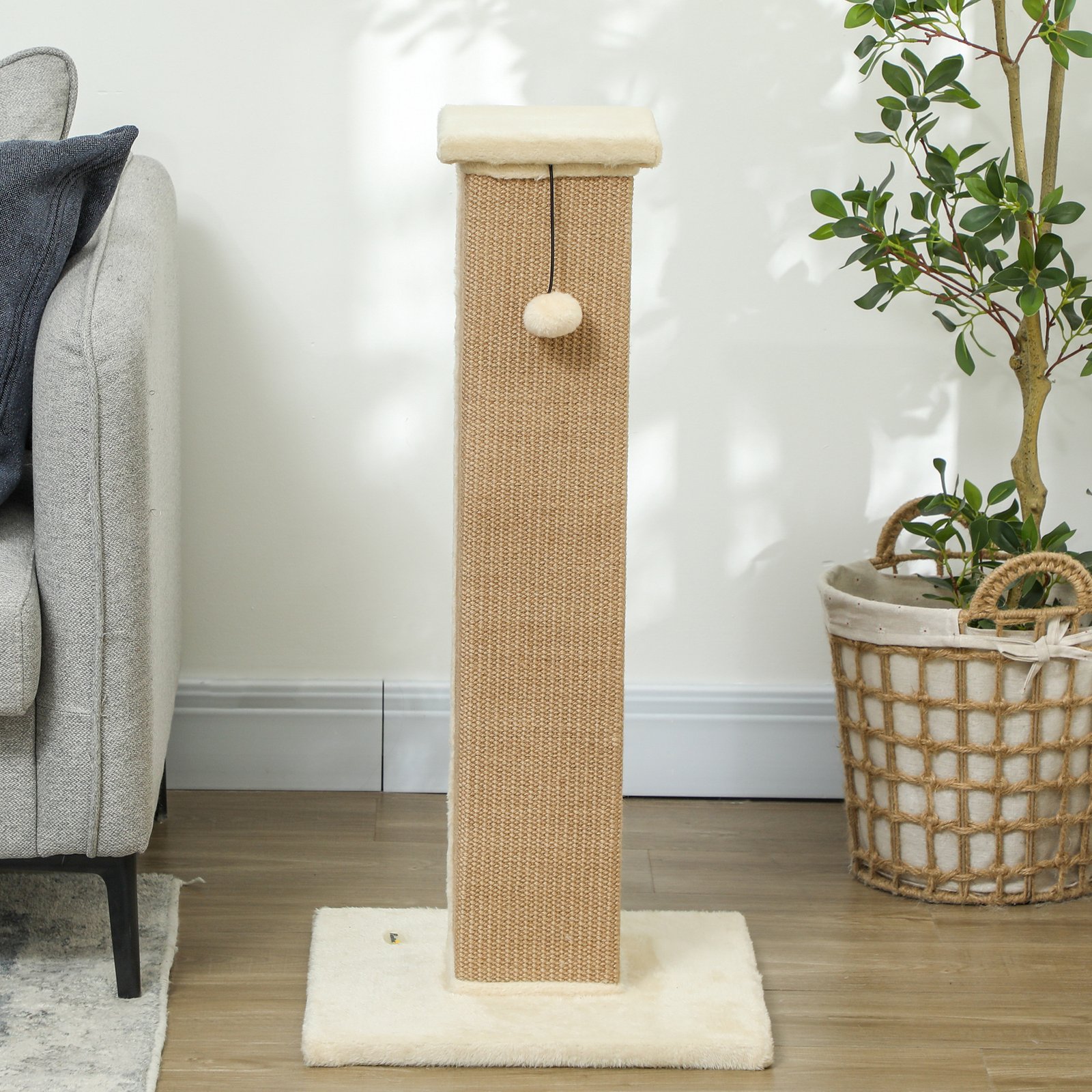 81cm Cat Scratcher, Vertical Full Scratcher w/ Natural Jute Rope, Hanging Ball, Soft Plush - Beige