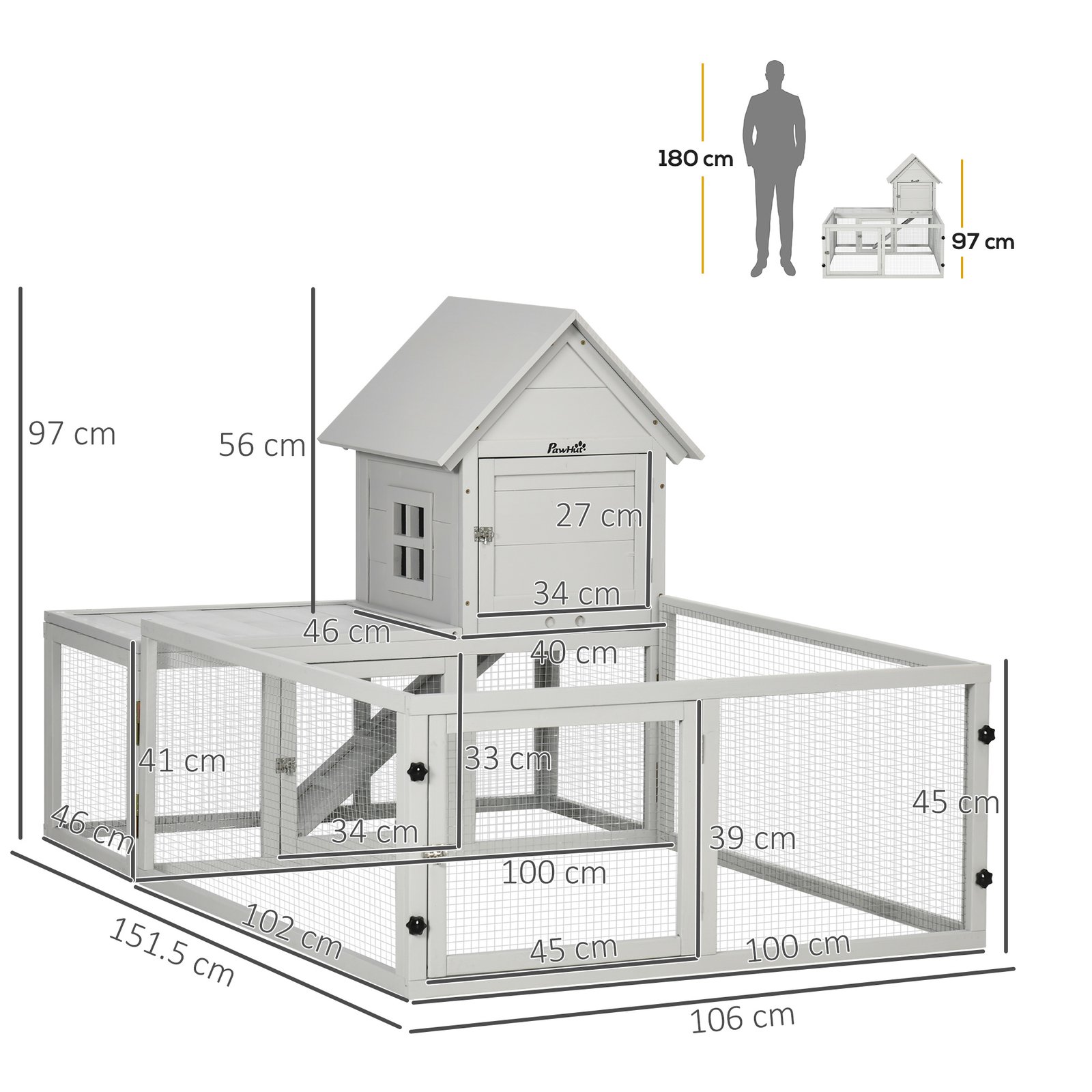 Indoor Rabbit Hutch, Guinea Pig Cage, with Slide-Out Tray, Large Fenced Area - Light Grey - Image 3
