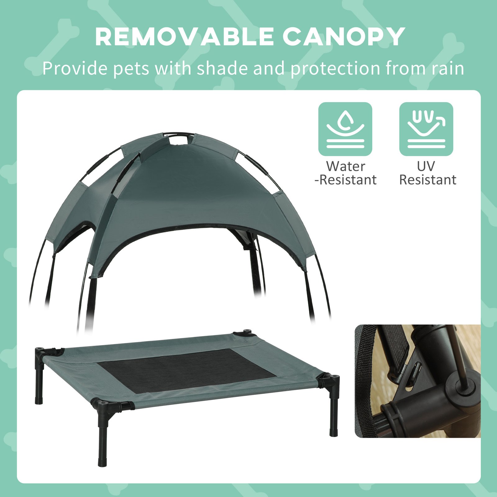 Outdoor Dog Bed with Removable Canopy, Portable Raised Dog Bed for Camping, Garden & Beach, Water-Resistant UV-Protection Mesh Pet Cot Sun Lounger, for Small Pets, 61 x 46 x 62 cm, Grey