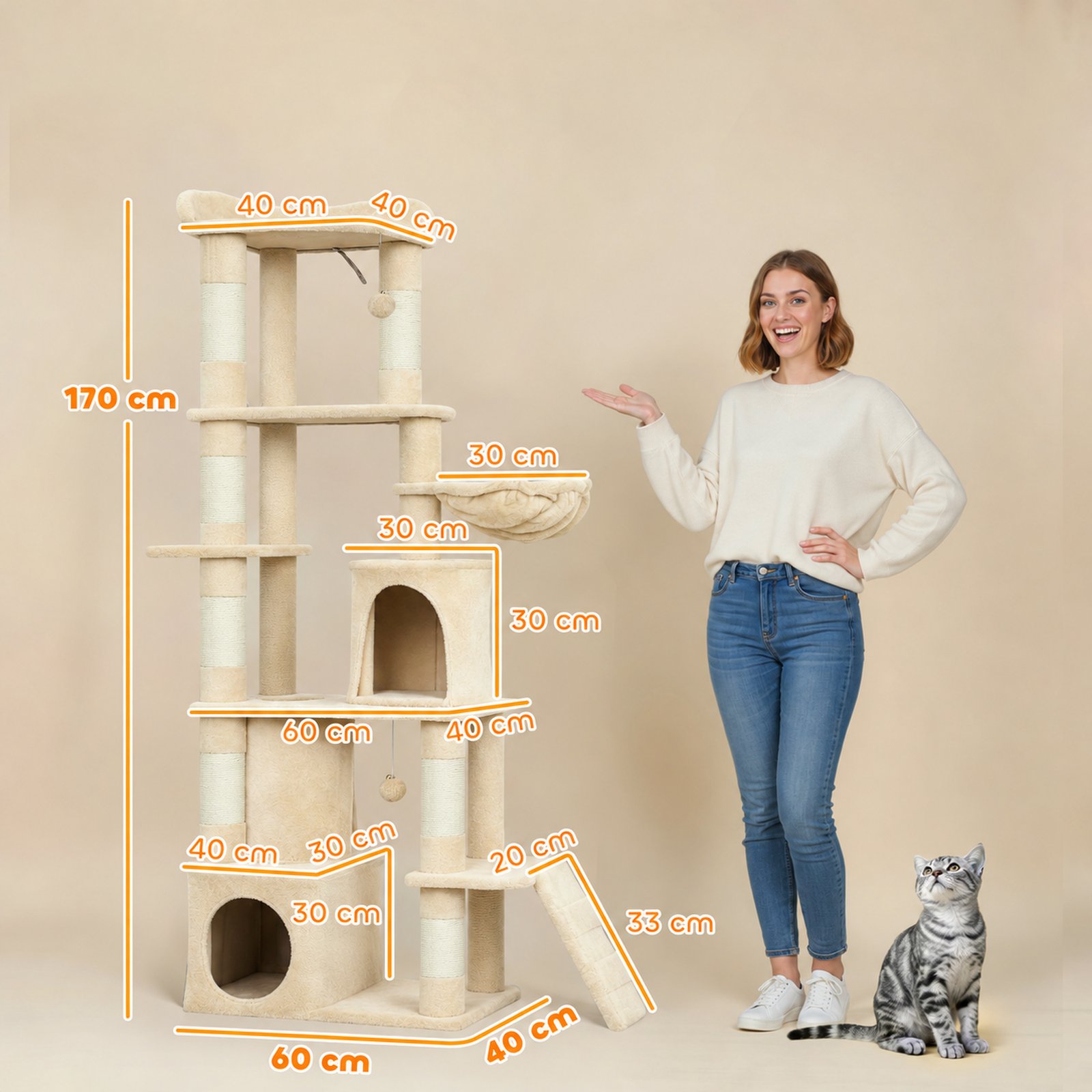 170 cm Large Cat Tree, Cat Tower with 7 Scratching Posts, Tunnel, 2 Condos, Hammock, Perch, Ramp, Pompoms, Beige