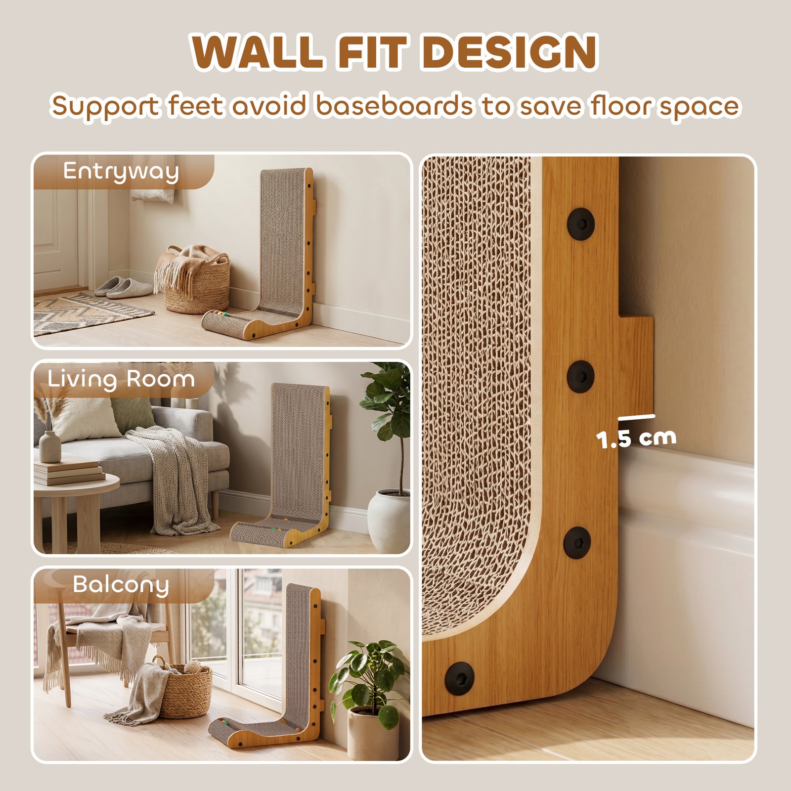 Cat Scratching Board Wall Mounted Cat Scratcher Corrugated 3 Toy Balls 39 x 23.5 x 57.5 cm Brown - Image 5