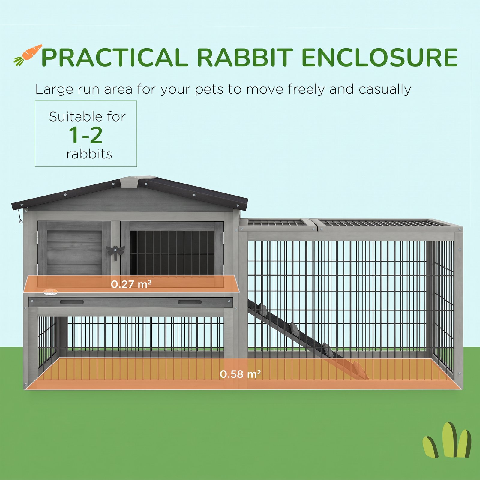 Wooden Rabbit Hutch with Outdoor Run Grey