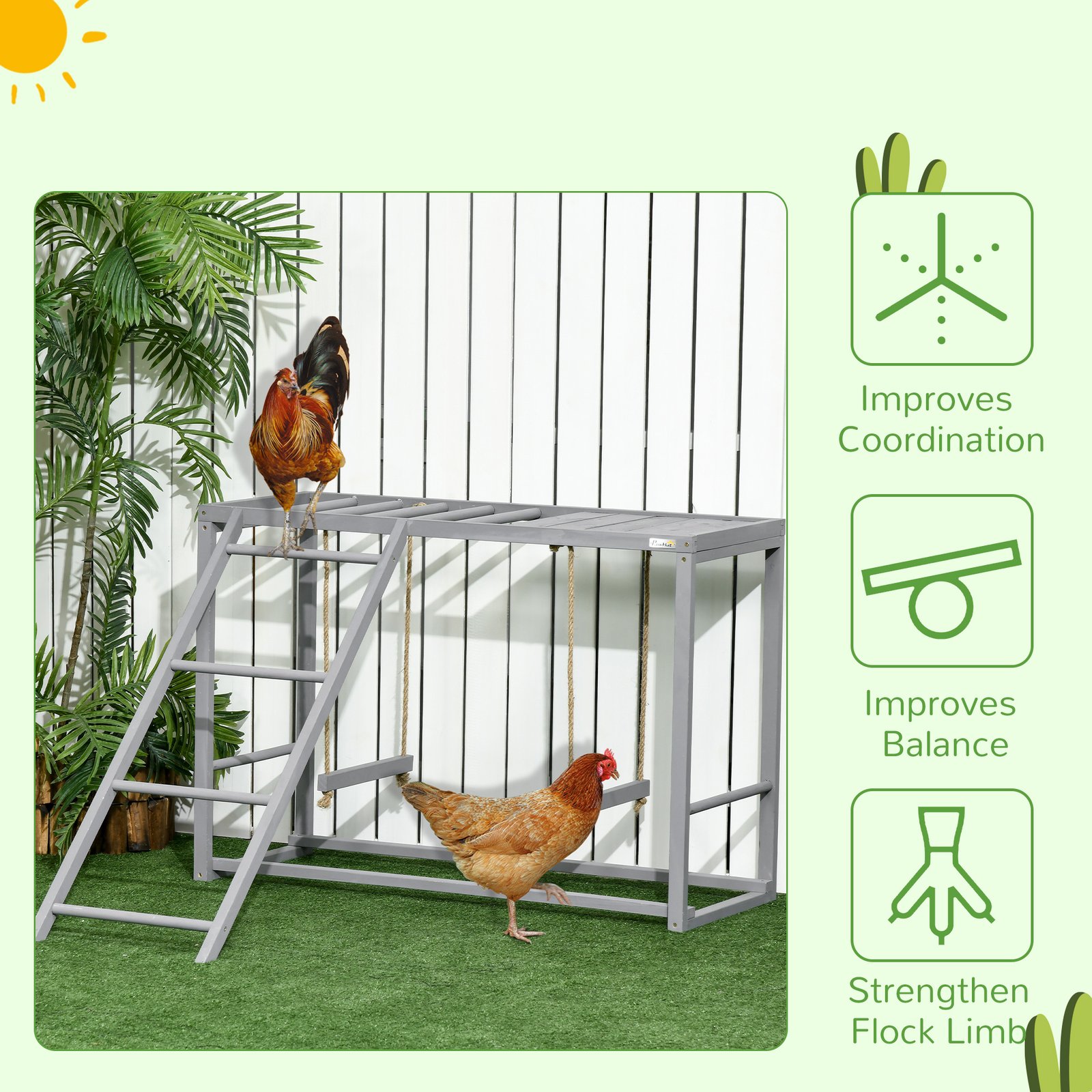 Chicken Activity Play with Swing Set for 3-4 Chickens, Wooden Chicken Coop, Grey - Image 7