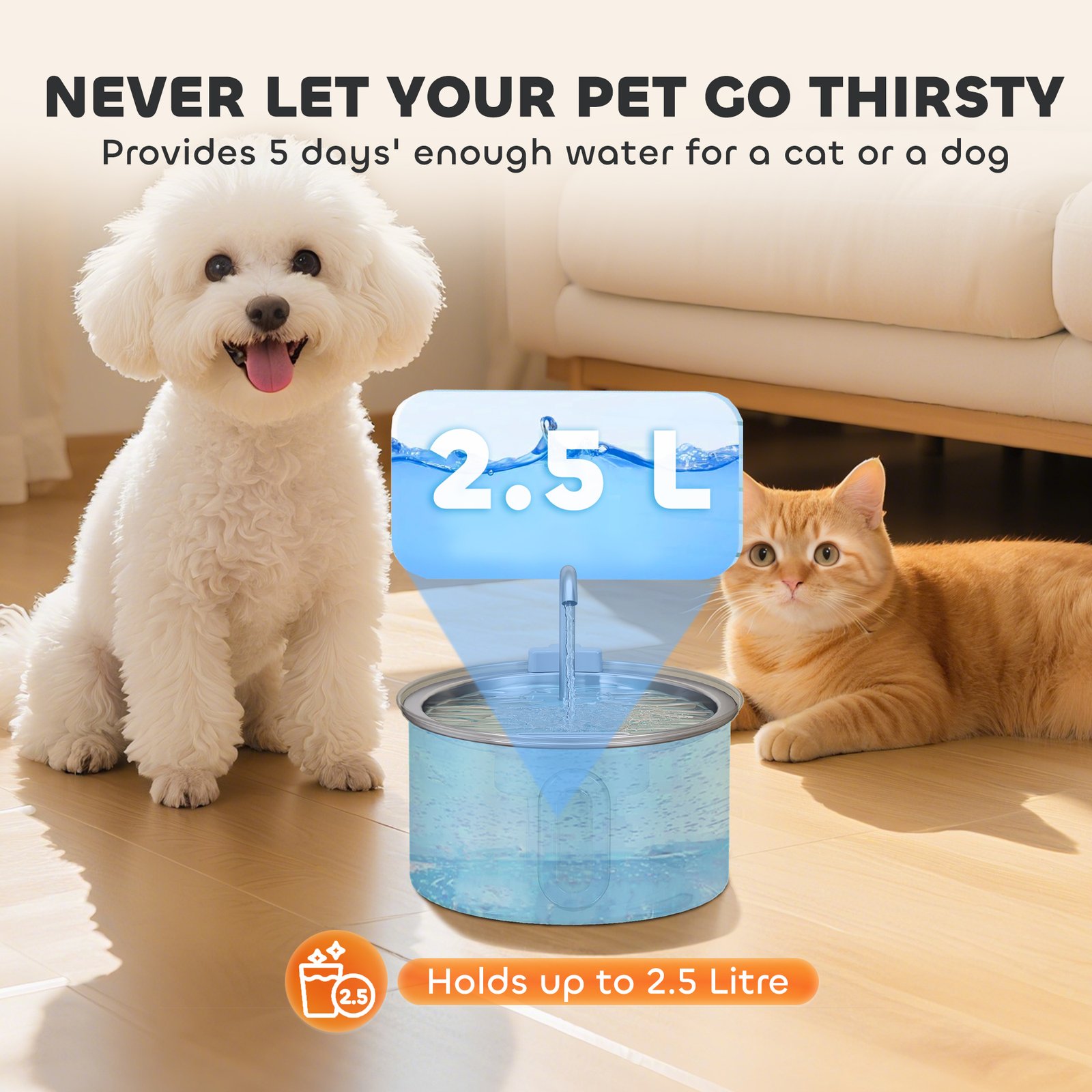 2.5L Stainless Steel Cat Water Fountain for Drinking with Ultra-Silent Pump, Water-Level Window, 7 Filters