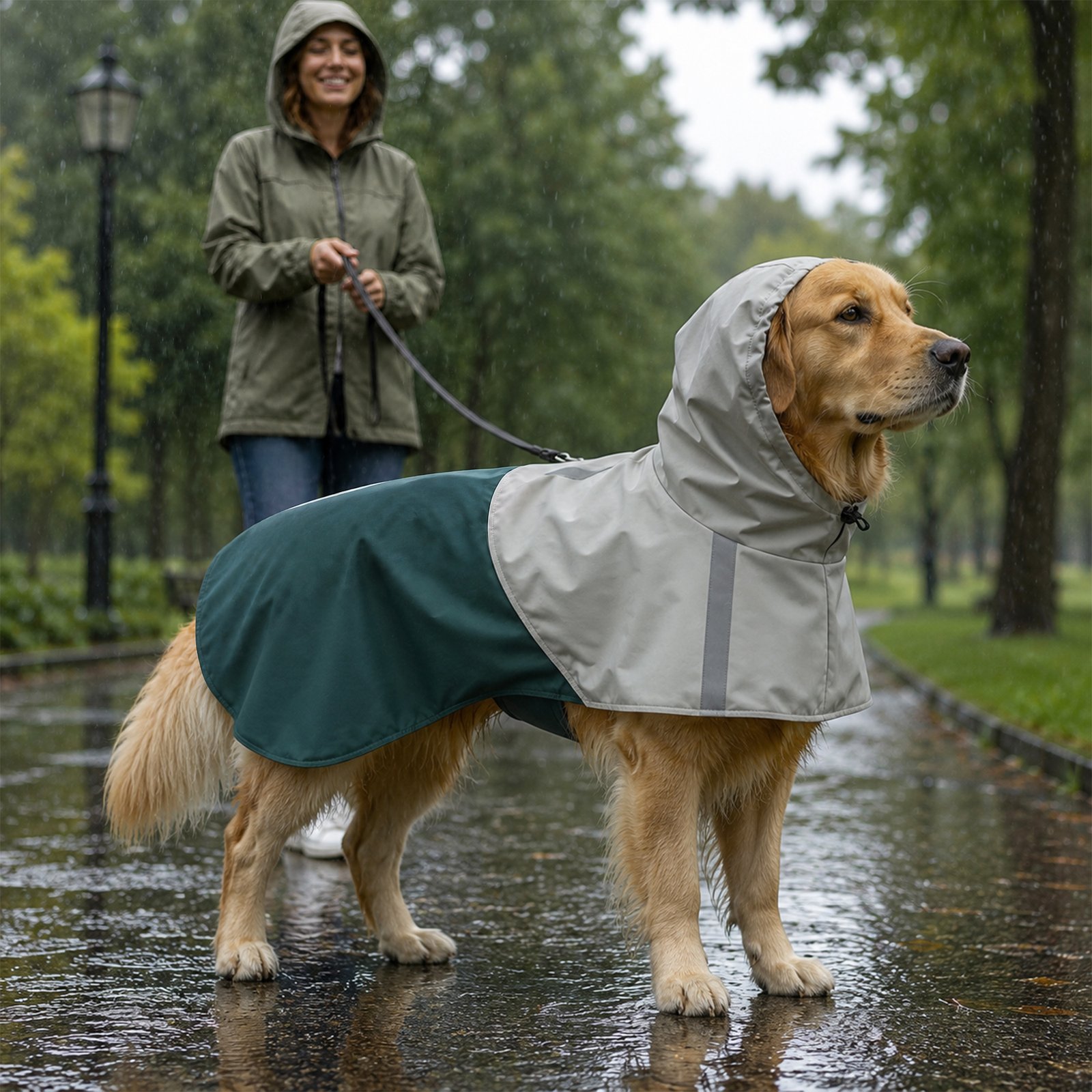Dog Raincoat with Hood, Waterproof & Breathable Rain Jacket with Leash Hole, for Large Dogs, Green, L