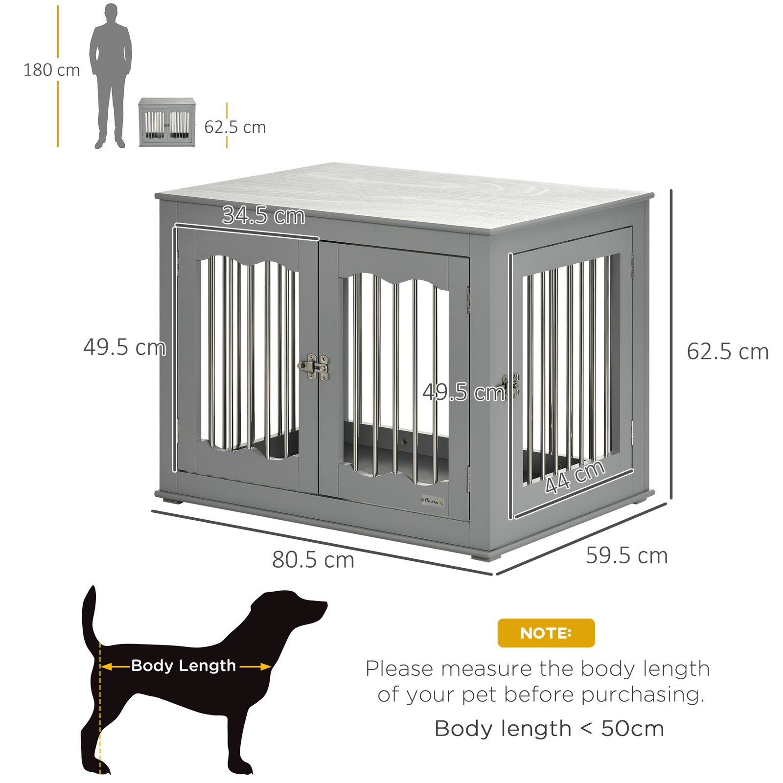 Dog Crate End Table Furniture Style Dog Cage w/ Three Doors, Locks and Latches - Grey