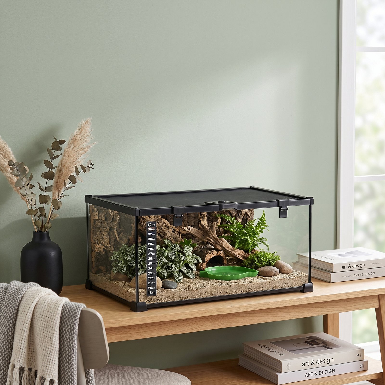 Glass Reptile Terrarium Insect Breeding Tank Vivarium Habitats with Thermometer for Lizards, Horned Frogs, Snakes, Spiders - Medium 50 x 30 x 25cm