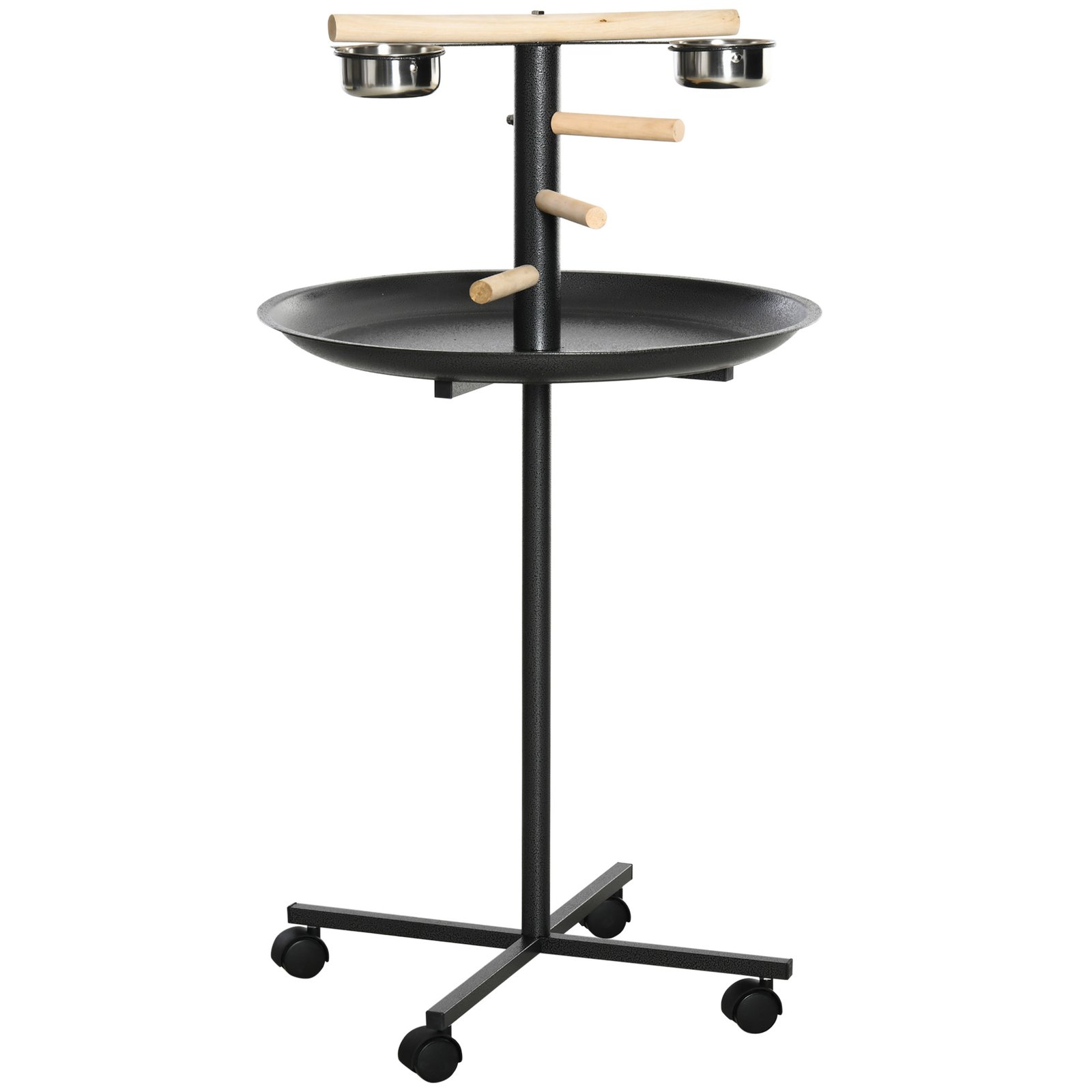 Parrot Perch Stand, Large Bird Play Stand, Metal Bird Table Feeder Station with Stainless Steel Bowls, Four Wheels, Round Tray, Black