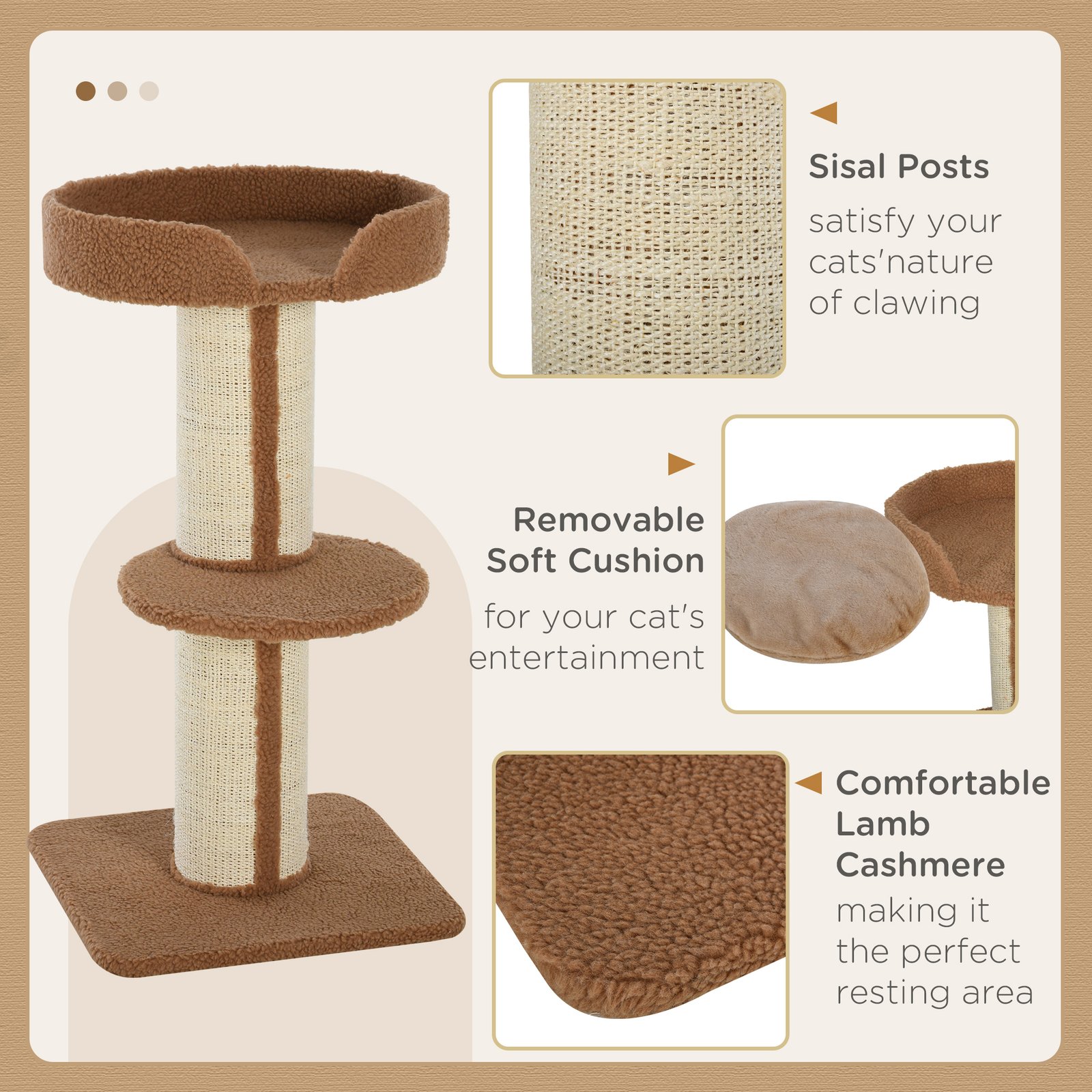 91cm Cat Tree, Cat Tower with Scratching Post, Bed, Perch, Removable Cushion for Indoor Kittens, Brown - Image 5
