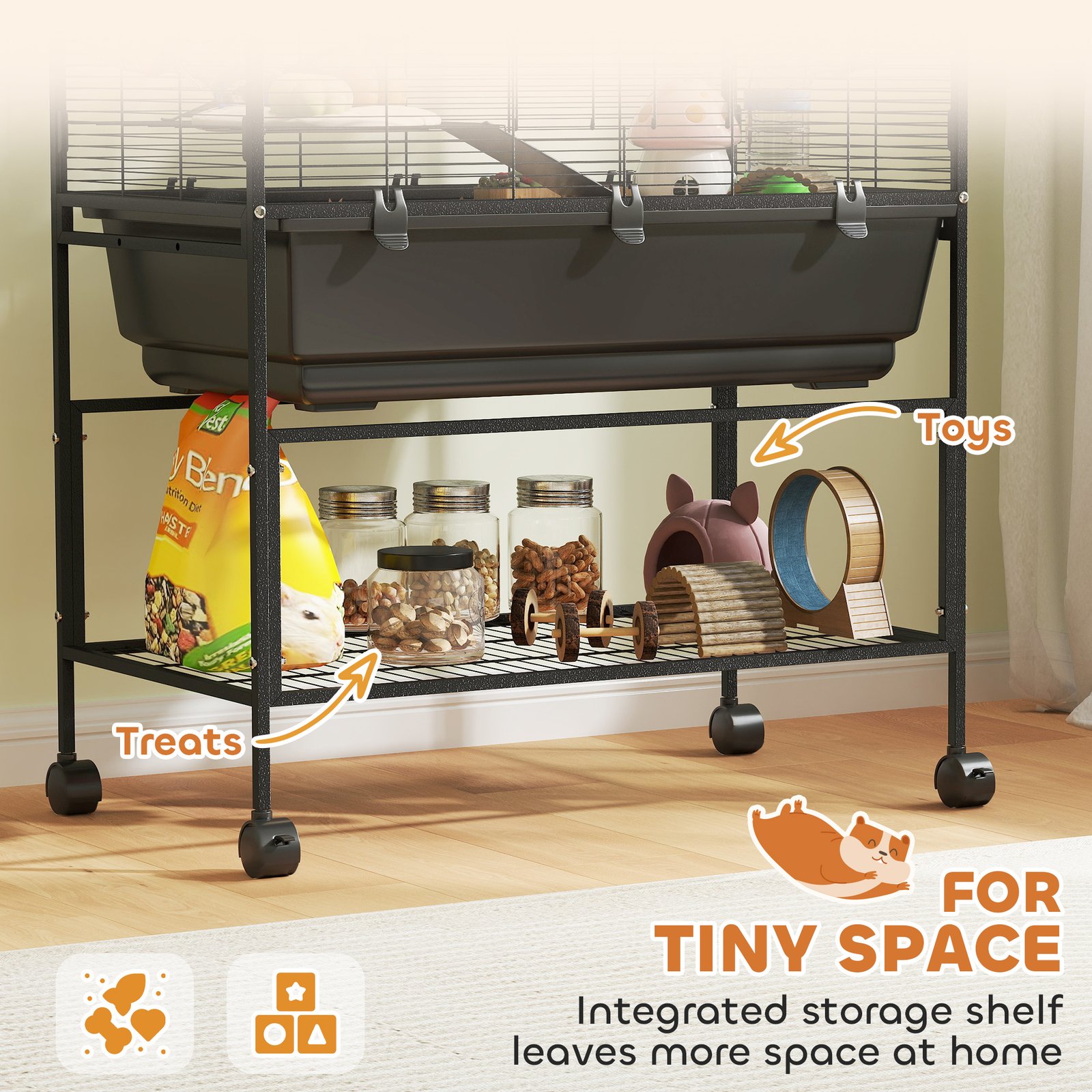 3 Tier Large Hamster Cage on Wheels with 17 cm Deep Tray, Storage Shelf for Syrian, Gerbil, Rats
