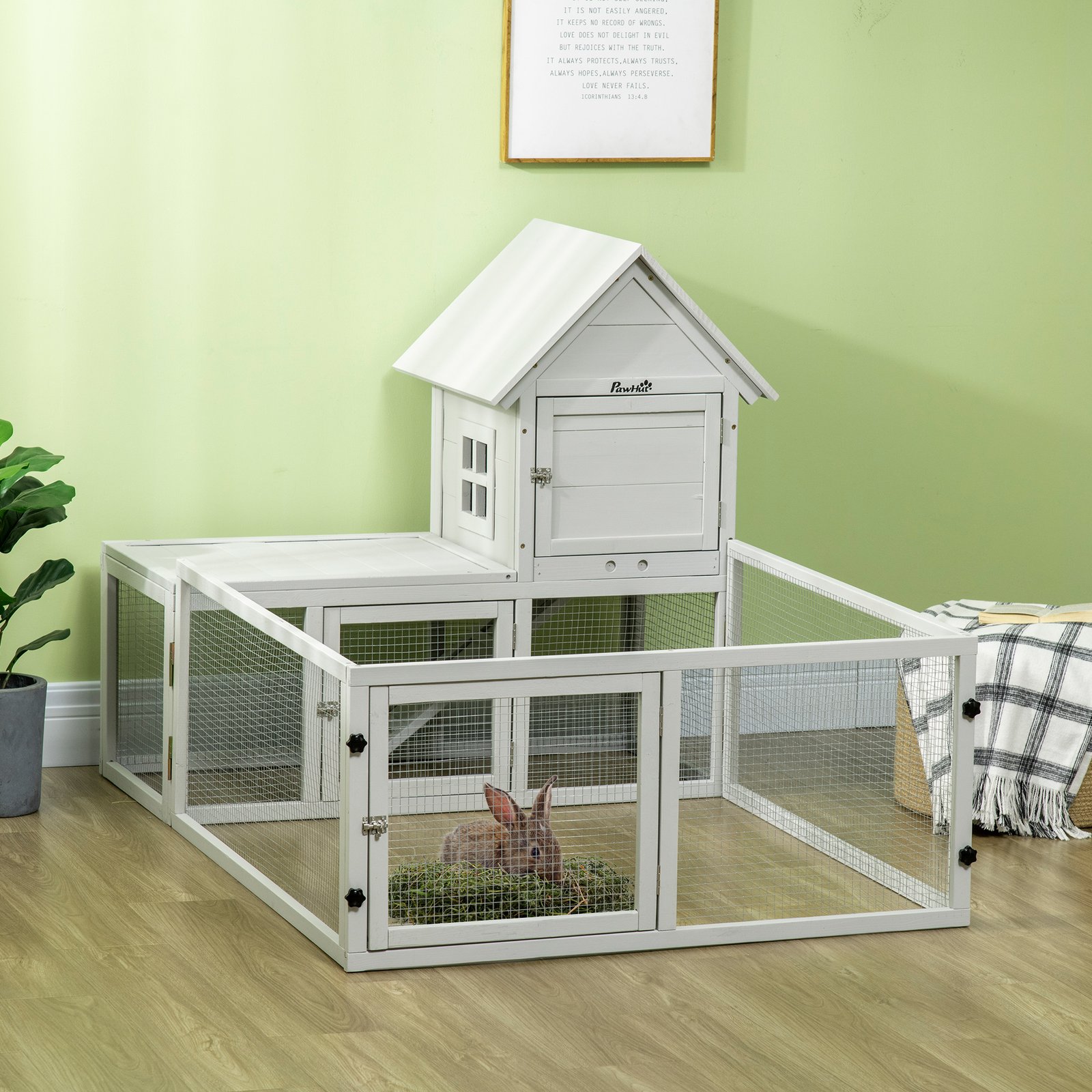 Indoor Rabbit Hutch, Guinea Pig Cage, with Slide-Out Tray, Large Fenced Area - Light Grey - Image 9