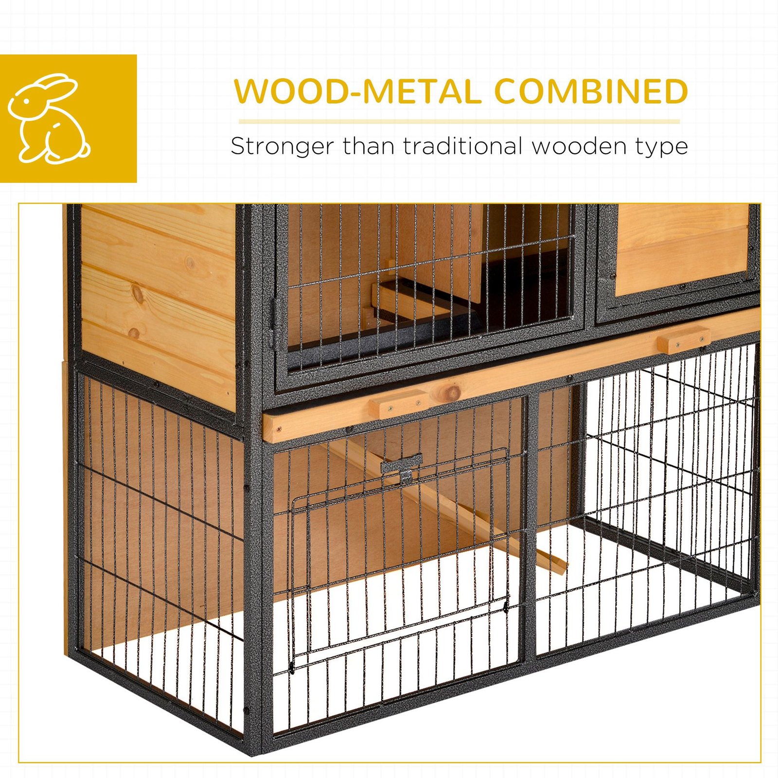 Guinea Pig Hutch Rabbit Hutch Wood-metal Elevated Pet House Bunny Cage with No-Leak Tray Ramp Openable Roof Outdoor 89.5 x 45 x 81cm Light Yellow