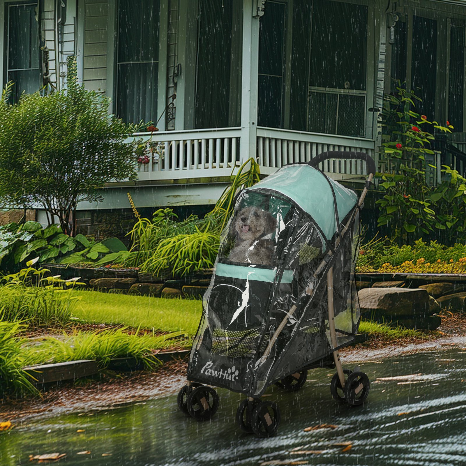 Pet Stroller for Small and Miniature Dogs, with Rain Cover - Green