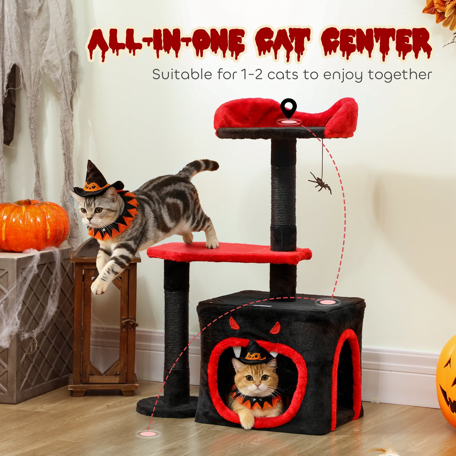 Cat Tree, Gothic Cat Tower with Scratching Posts, Cute Condo, Coffin Platform, Bed and Spider Toy, Halloween
