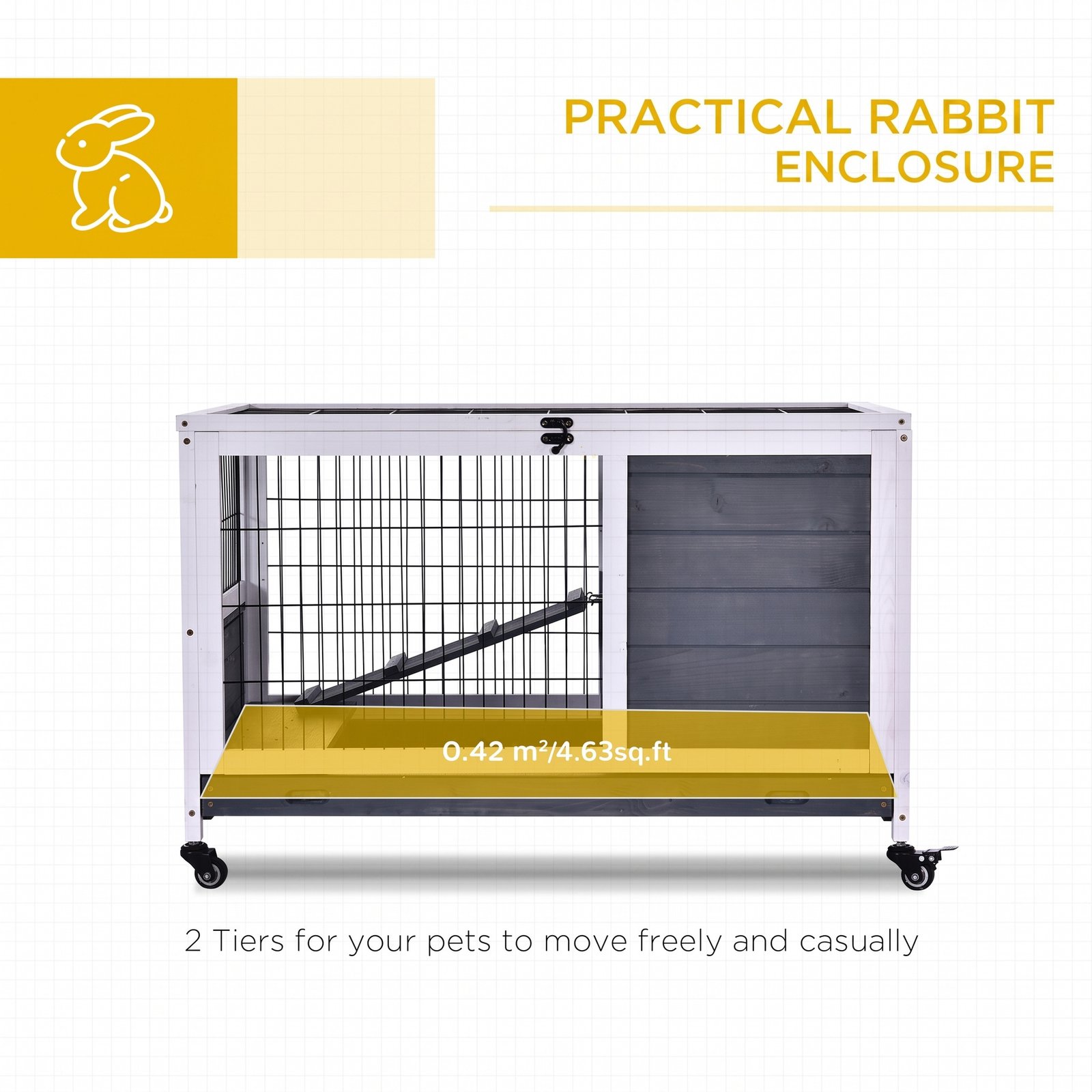 Wooden Guinea Pig Hutch, 2-Floor Bunny Cage w/ Enclosed Run Area, Grey