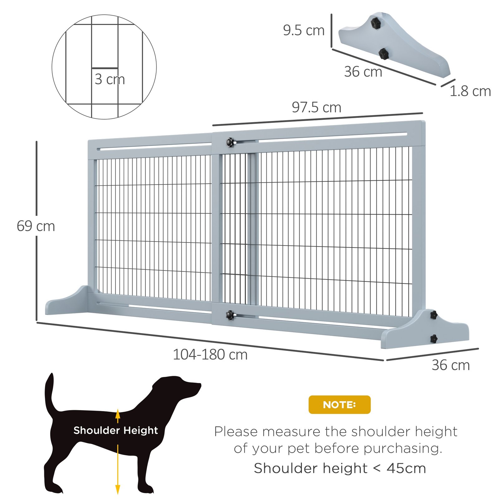 Freestanding Dog Gate, Foldable Pet Fence, Indoor Wood Barrier, Stair Gate with Support Feet, for Doorway, Hallway, Small and Medium Dogs, 69H x 104-180 cm, Blue-grey