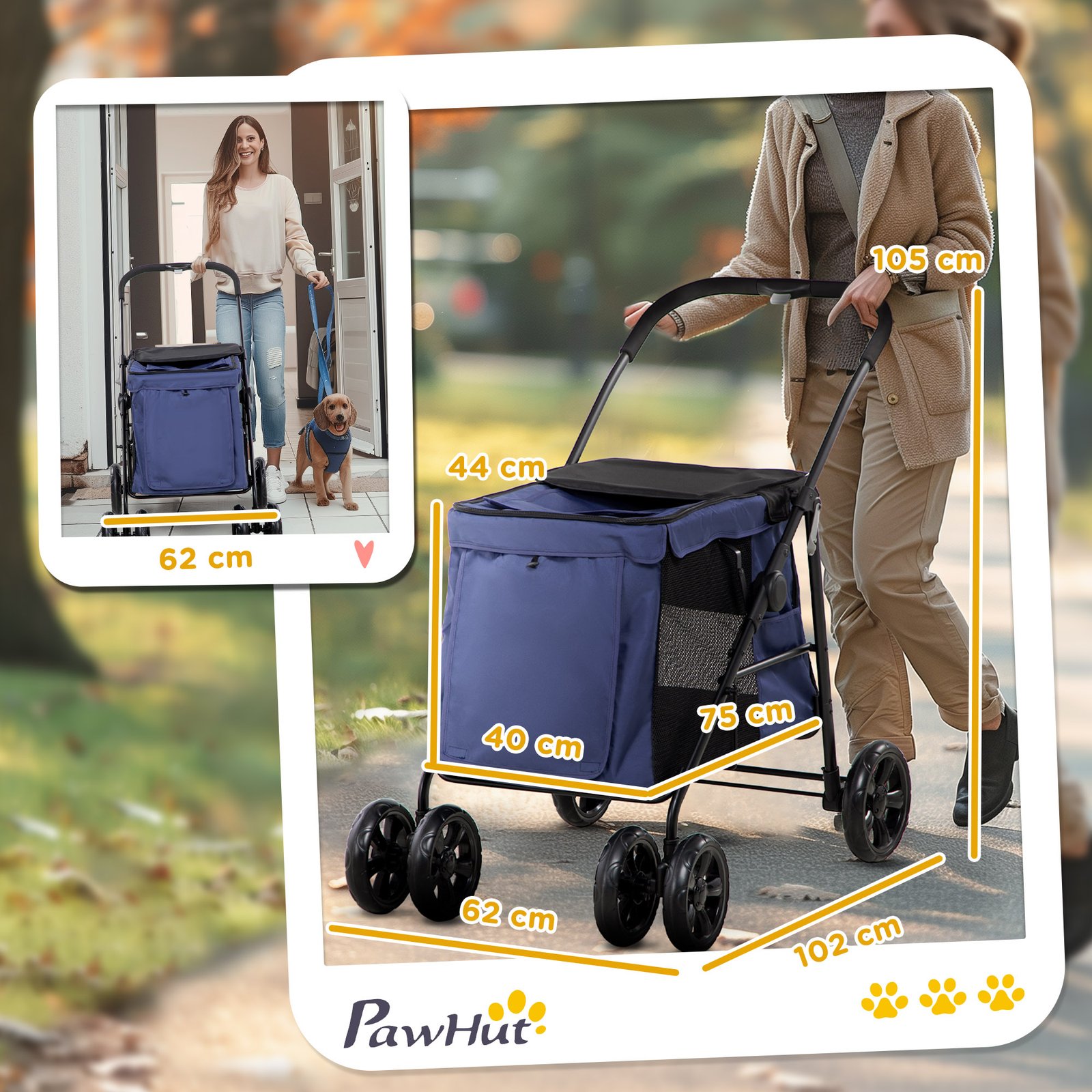 Dog Pram Dog Stroller 4 Wheels Pet Pushchair with Rolling Door, Cushion, Safety Leashes, for Small and Medium Breeds, Dark Blue