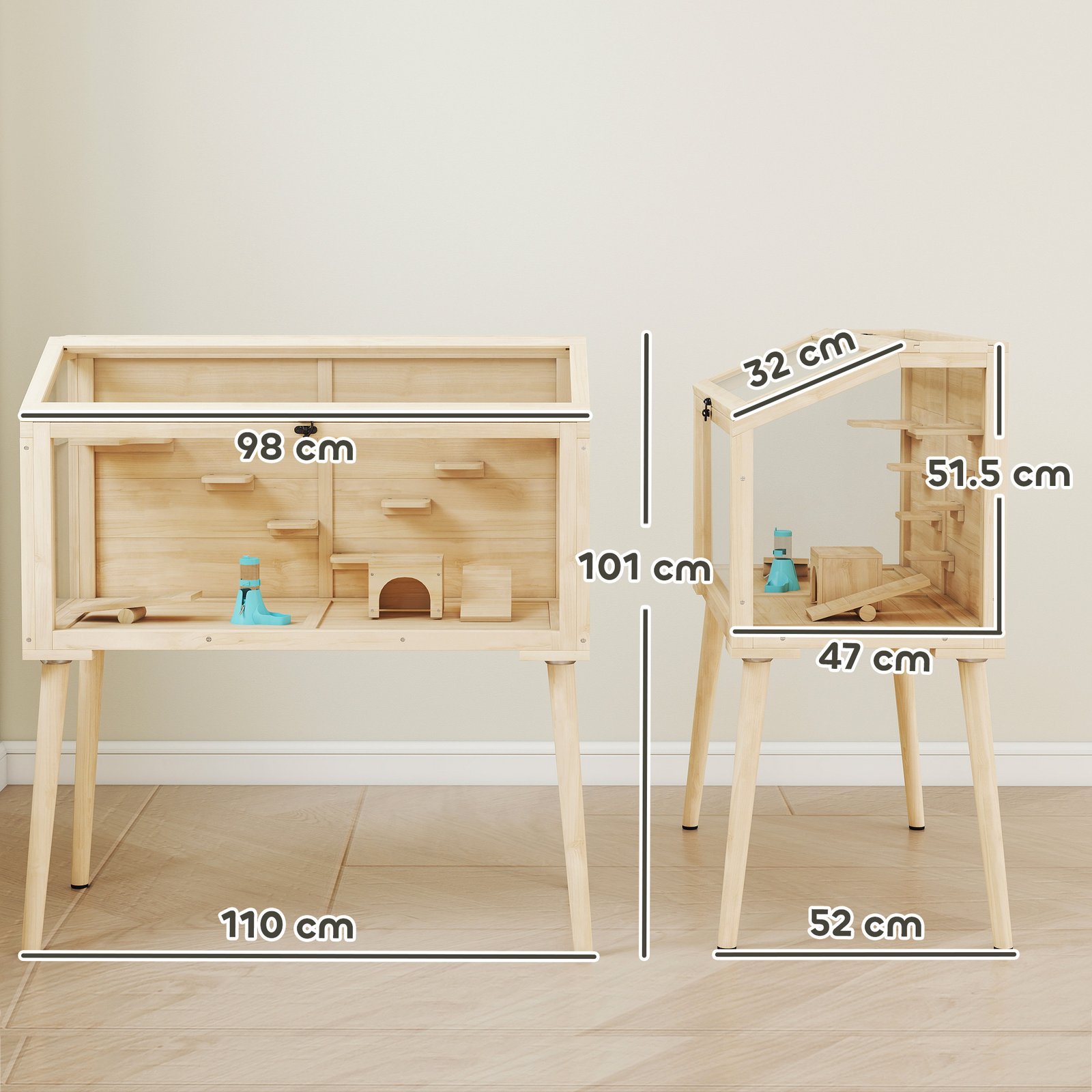 Wooden Hamster Cage, Hamster Habitat with Openable Top, Seesaws, Platforms, Water Bottle for Gerbils, 110 x 52 x 101 cm - Image 3