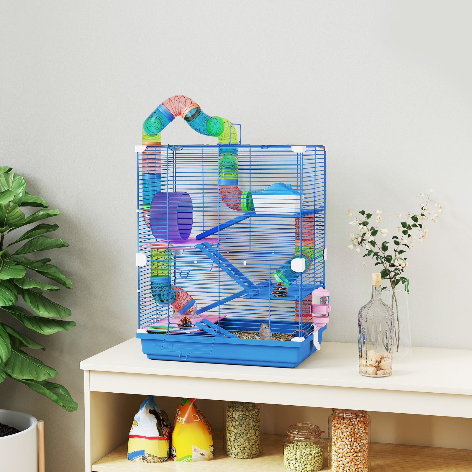 5 Tier Hamster Cage Carrier Habitat w/ Exercise Wheels, Tunnel, Blue - Image 9