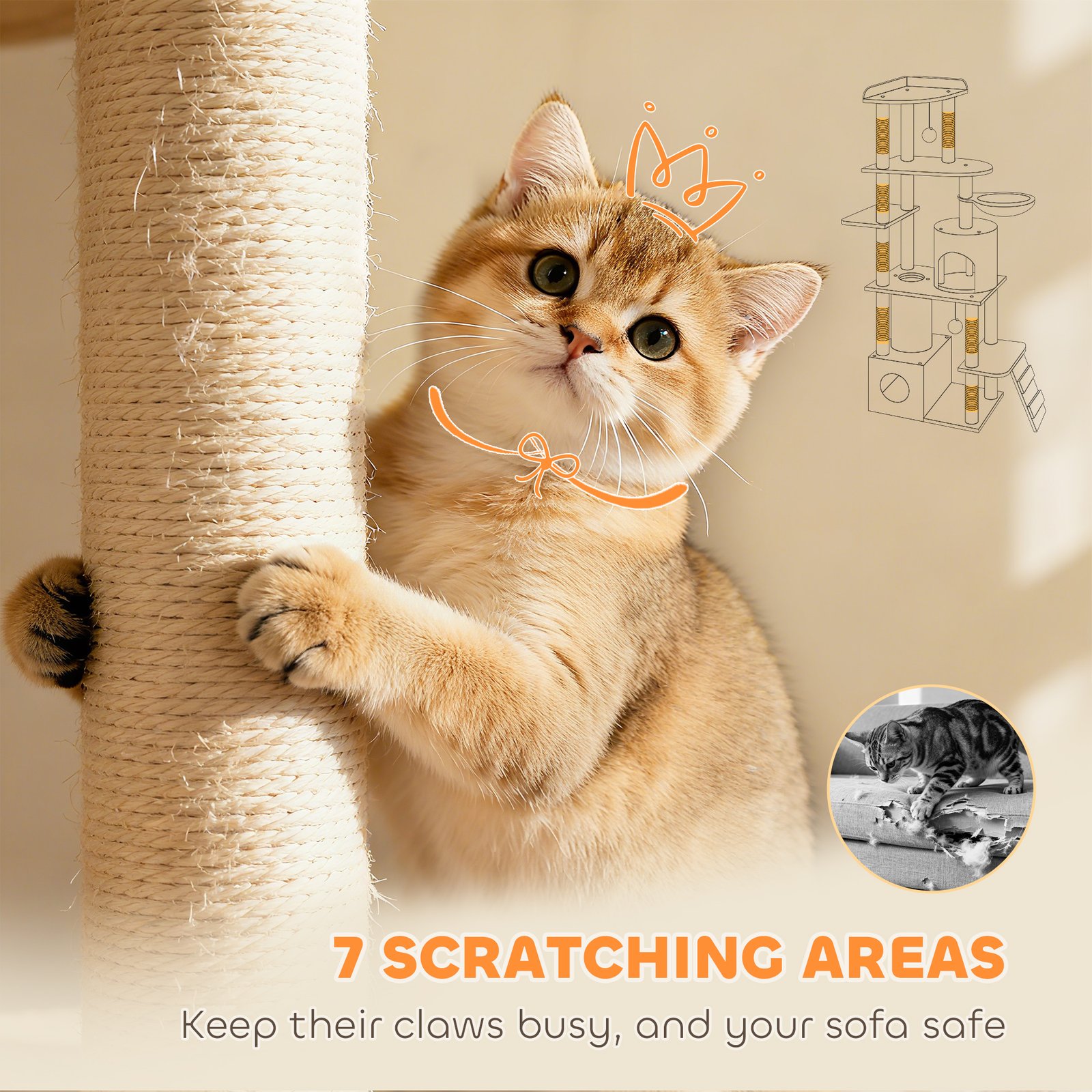 170 cm Large Cat Tree, Cat Tower with 7 Scratching Posts, 2 Condos, Hammock, Light Grey