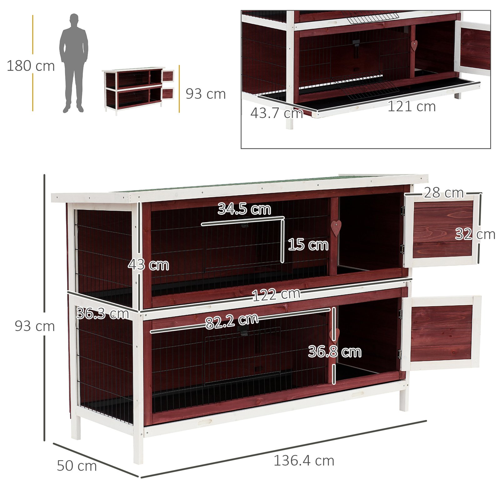 Rabbit Hutch Outdoor 2-Tier Guinea Pig Cage Bunny House Cage with No-Leak Trays for Indoor and Outdoor 136 x 50 x 93cm