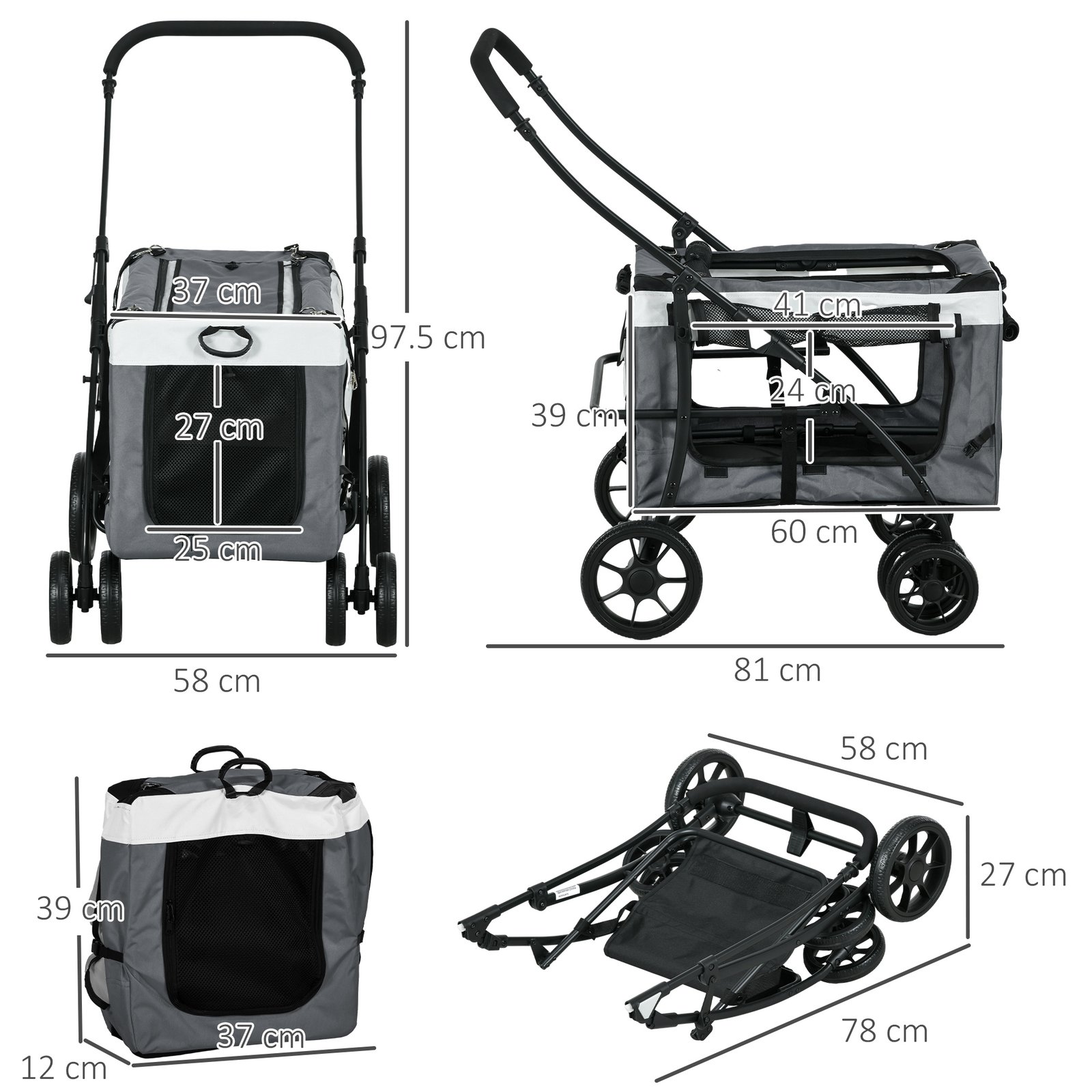 Foldable Dog Stroller, Pet Travel Crate, with Detachable Carrier, Soft Padding, for Mini, Small Dogs - Grey - Image 3