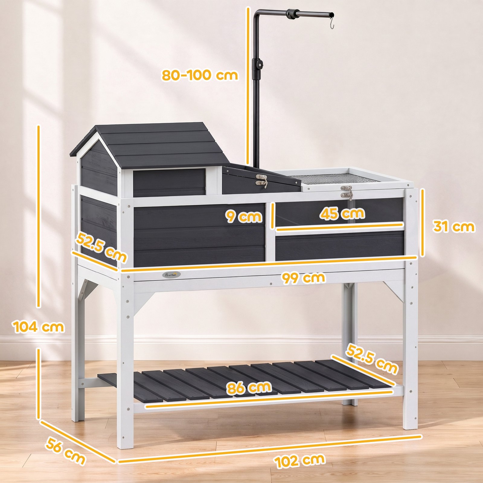 Wooden Tortoise Enclosure, Tortoise Tank w/ Adjustable Lamp Holder, Openable Lid, Removable Main House - Grey