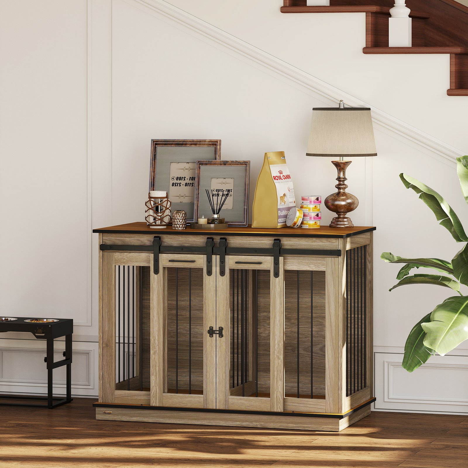 Dog Crate Furniture for Large Dogs, Double Dog Cage for Small Dogs, with Sliding Doors - Oak Tone