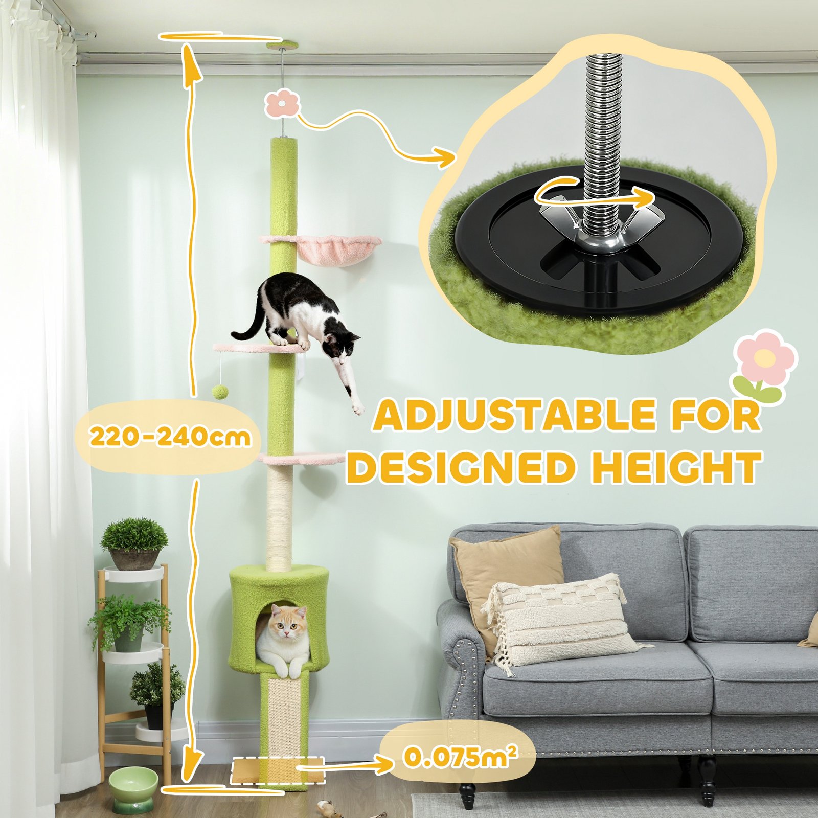 220-240 cm Floor to Ceiling Cat Tree Adjustable Height with Hammock, Condo, Scratching Posts, Green - Image 4
