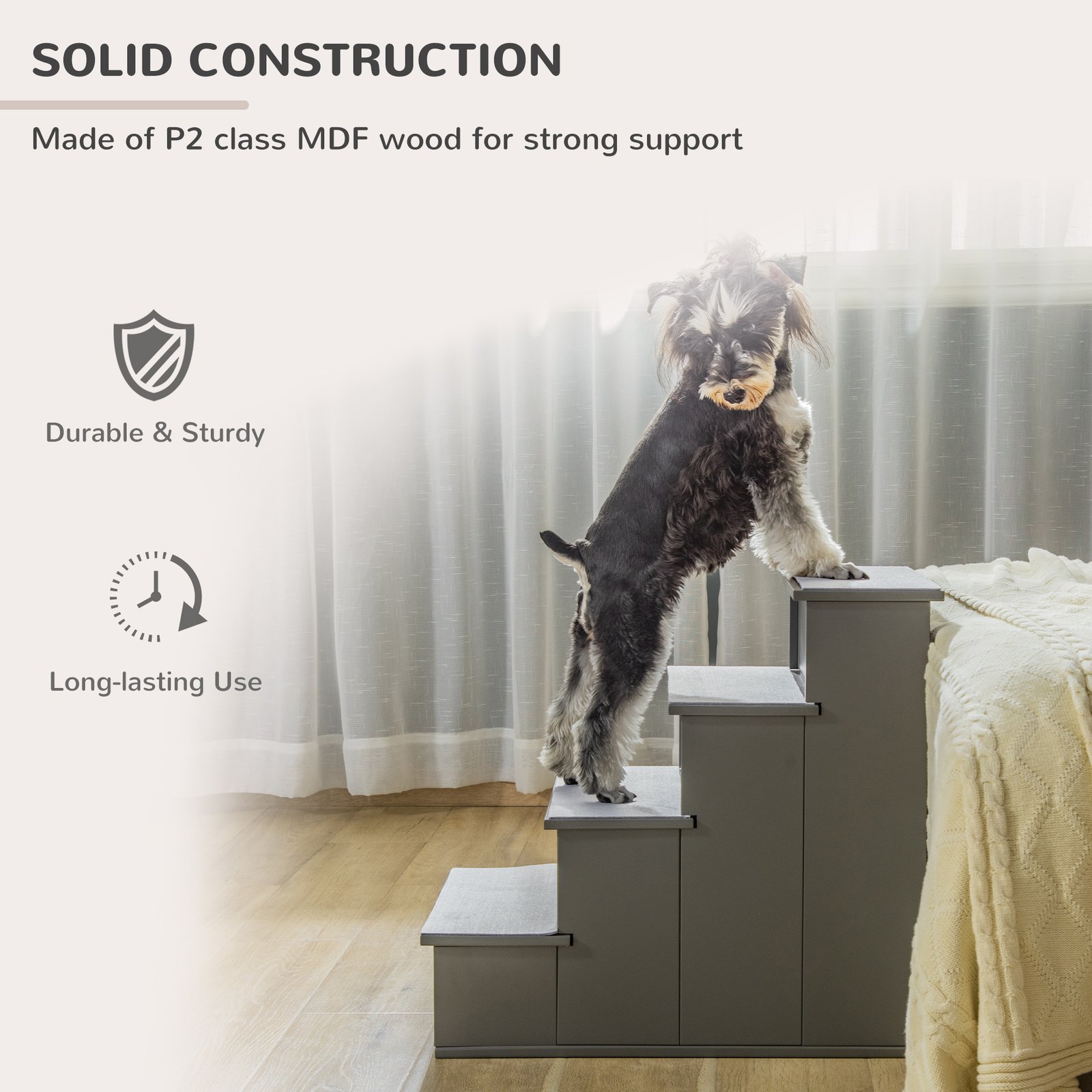 4 Step Dog Steps for Bed, Wooden Dog Steps for Sofa, Pet Stairs for Bed Couch with Non-Slip Carpet for Cats and Puppies, 40 x 59 x 54.2 cm, Grey