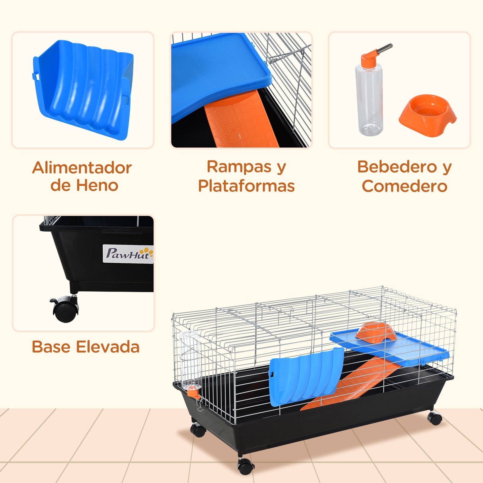 Small Animal Cage Rabbit Guinea Pigs Chinchillas Cage w/ Wheels Water Bottle Food Dish Platform Ramp 89 x 44 x 43 cm Black - Image 6