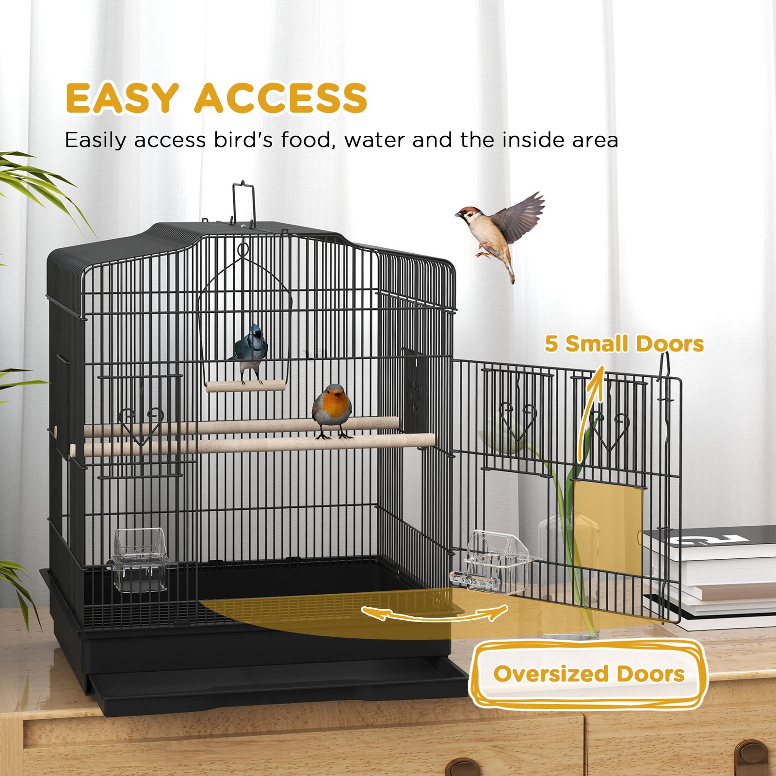 Large Metal Bird Cage with Perches, Food Bowls, Swing, for Budgies, Parakeets, Black