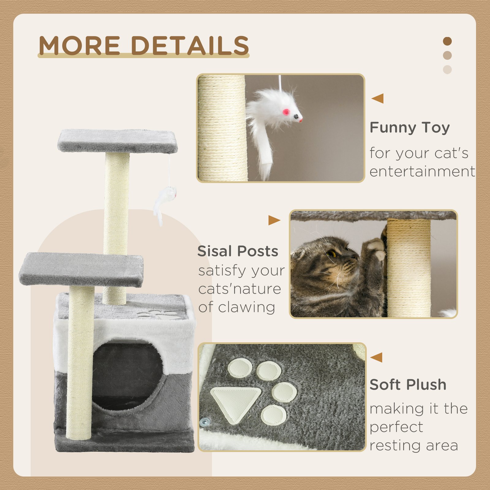 Cat Tree w/ Sisal Scratching Posts, House, Perches, Toy Mouse, Grey - Image 6