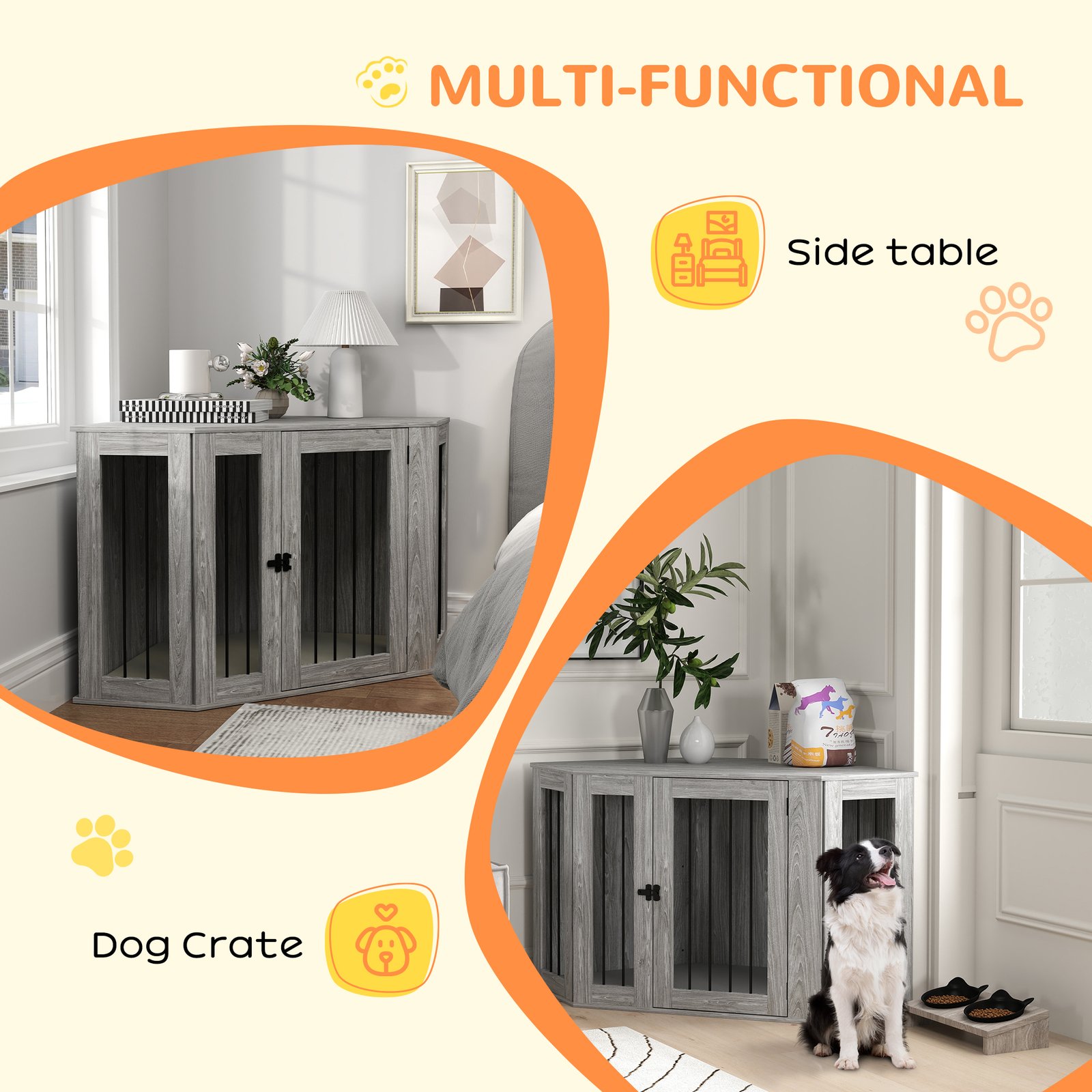 Dog Crate Furniture Side Table, with Cushion, 122 x 61 x 71cm - Grey - Image 4