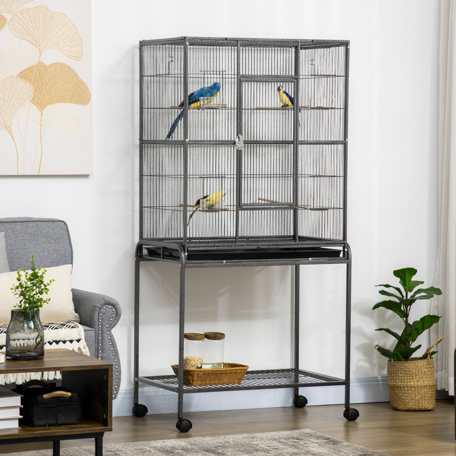 Large Bird Cage Budgie Cage with Stand, Storage Shelf, Wood Perch for Parrot, 81 x 48 x 162.5 cm, Black