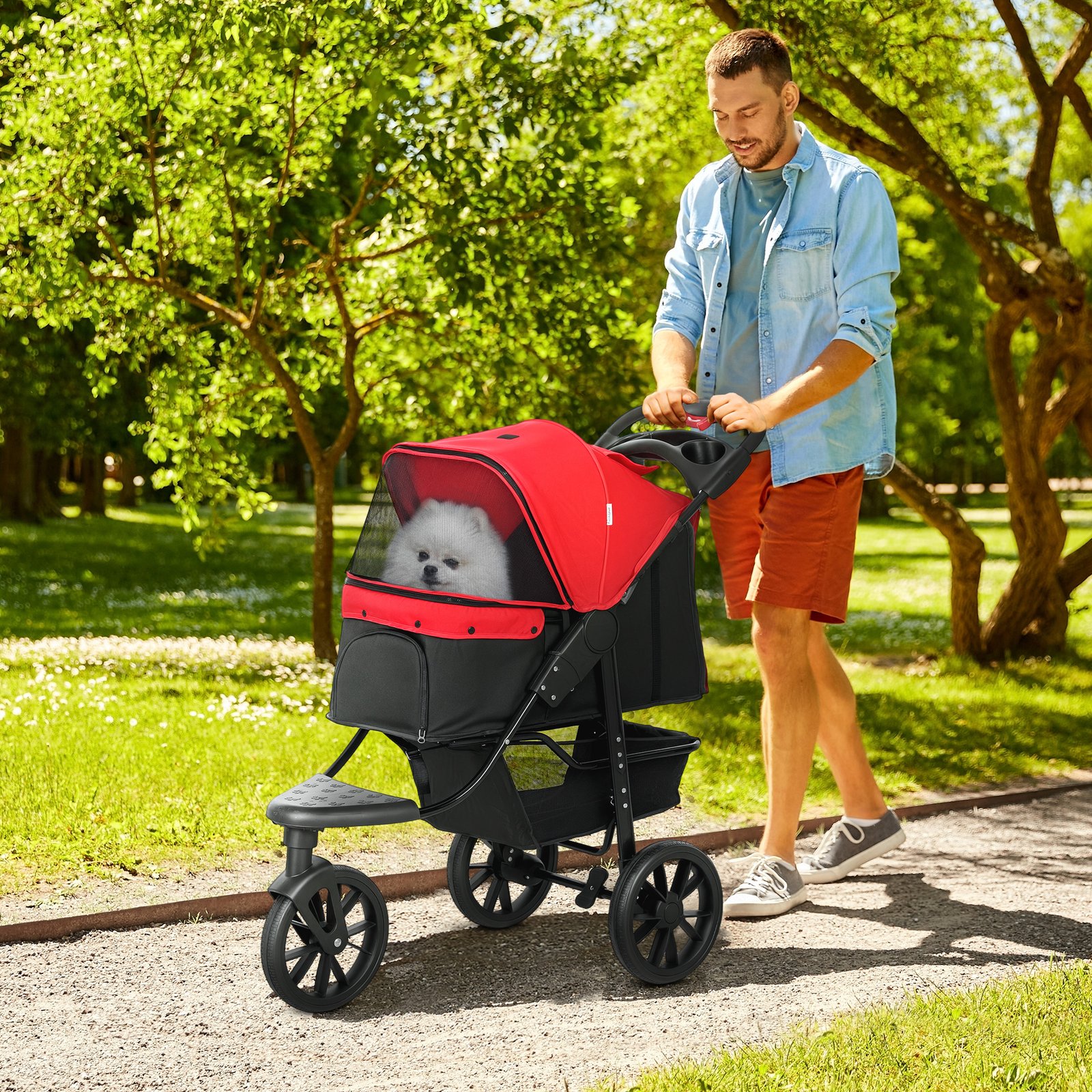 Dog Stroller Foldable Pet Pram for Small Miniature Breeds, Cats, 3 Wheels Dog Pushchair with Brake, Cupholder, Red - Image 3