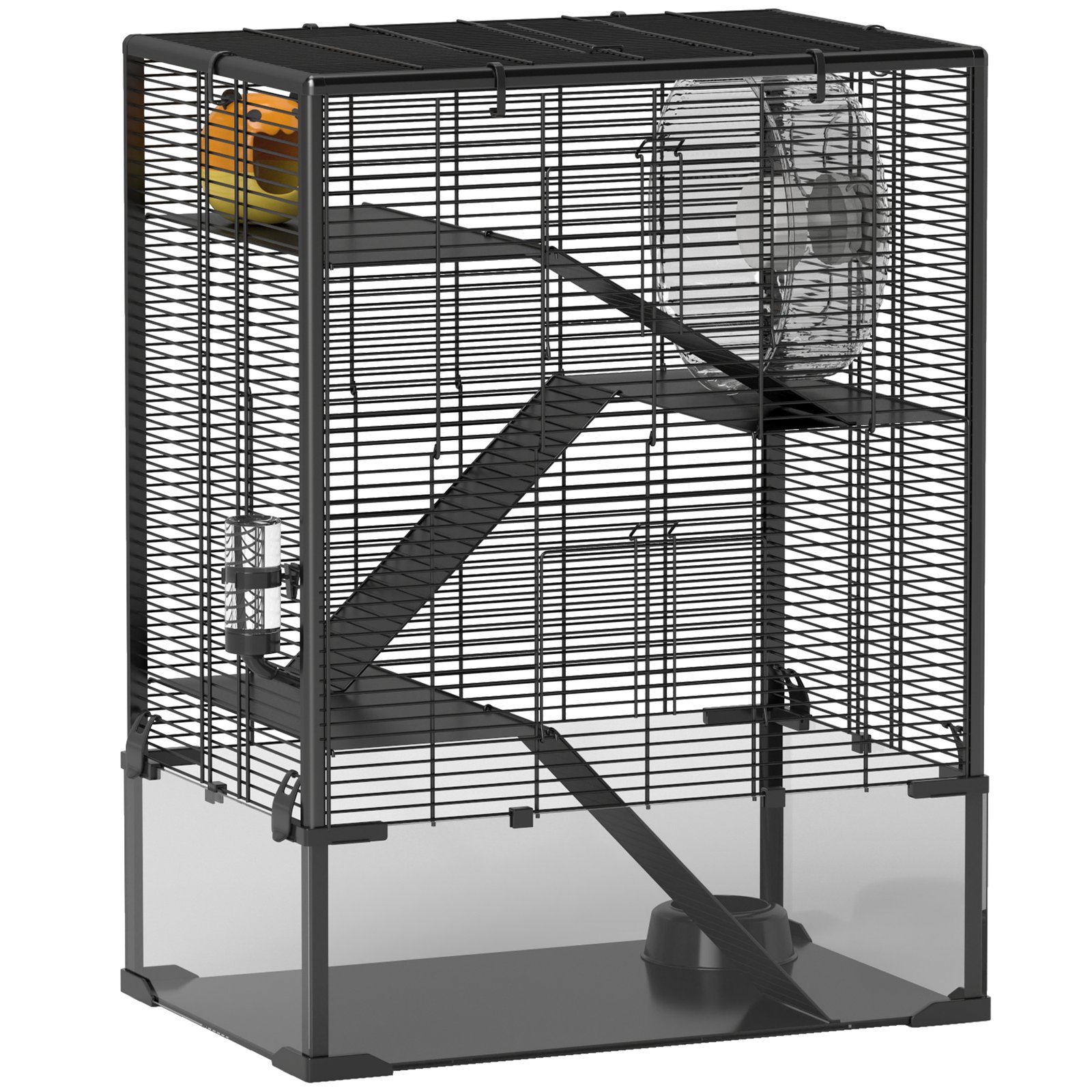 Four-Tier Hamster Cage with Deep Tempered Glass Bottom, Hut, Running Wheel, Food Dish, Water Bottle, 60 x 40 x 80cm