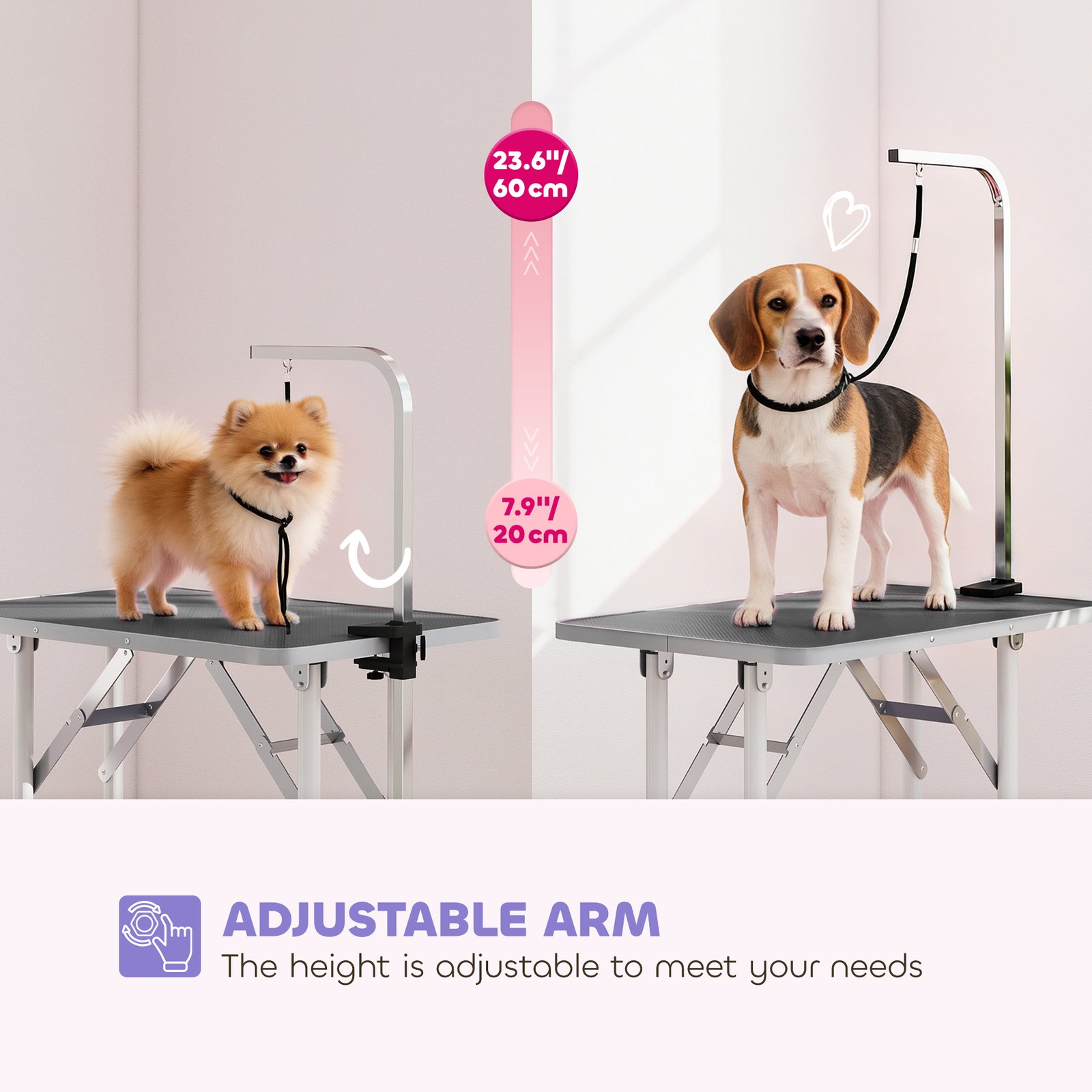 32" Foldable Dog Grooming Table Pet Drying Beauty Table Adjustable Fixed Arm Rubber Top, Black